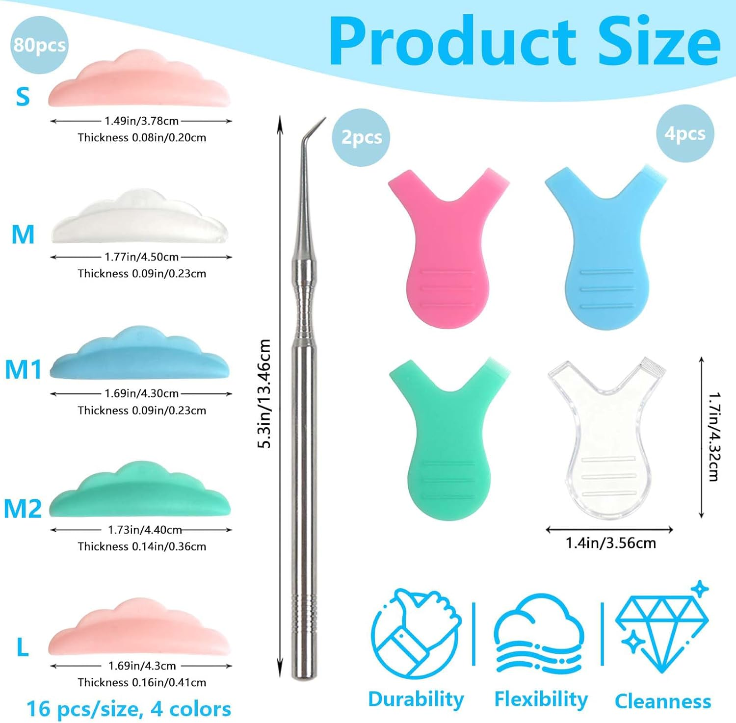 Koceci 80 PCS Lash Lift Pads, 5 Size Eyelash Curler Pads, Reusable Eyelash Lift Tools Silicone Lash Pad for Lashes Perm Kit (4 Colors) image number 2