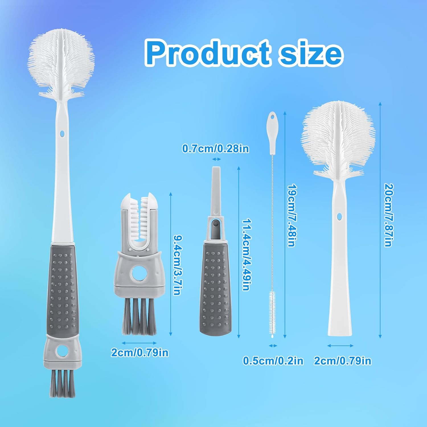 4-Pack Bottle Brush Set, Multifunctional 5-In-1 Bottle Cleaning Brush Water Bottle Cleaning Brush Baby Bottle Brush Nipple Brush Crevice Brush for Baby Bottles Cups Lid Opening image number 5