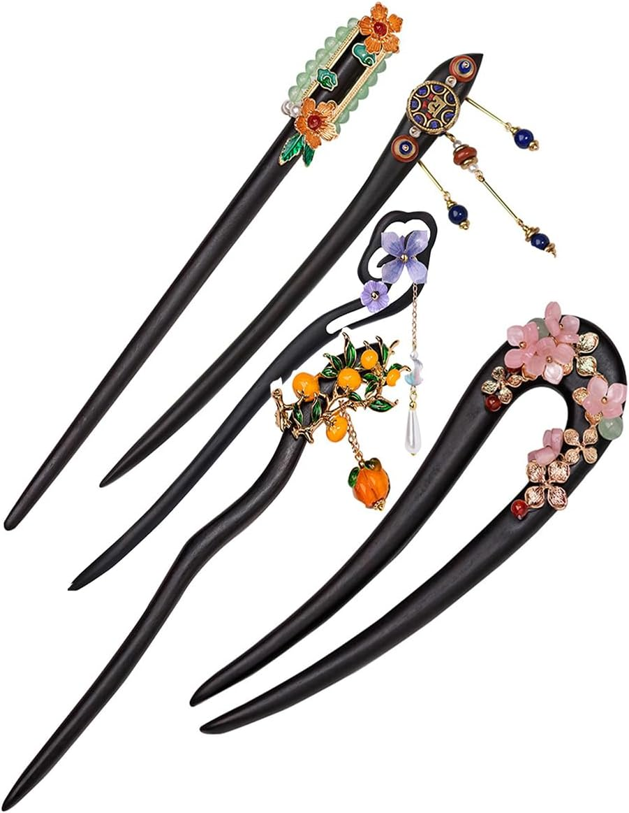 Hair Chopsticks for Women，Wooden Chinese Hair Sticks with Stone，Ebony Hair Accessories，Handmade (I)
