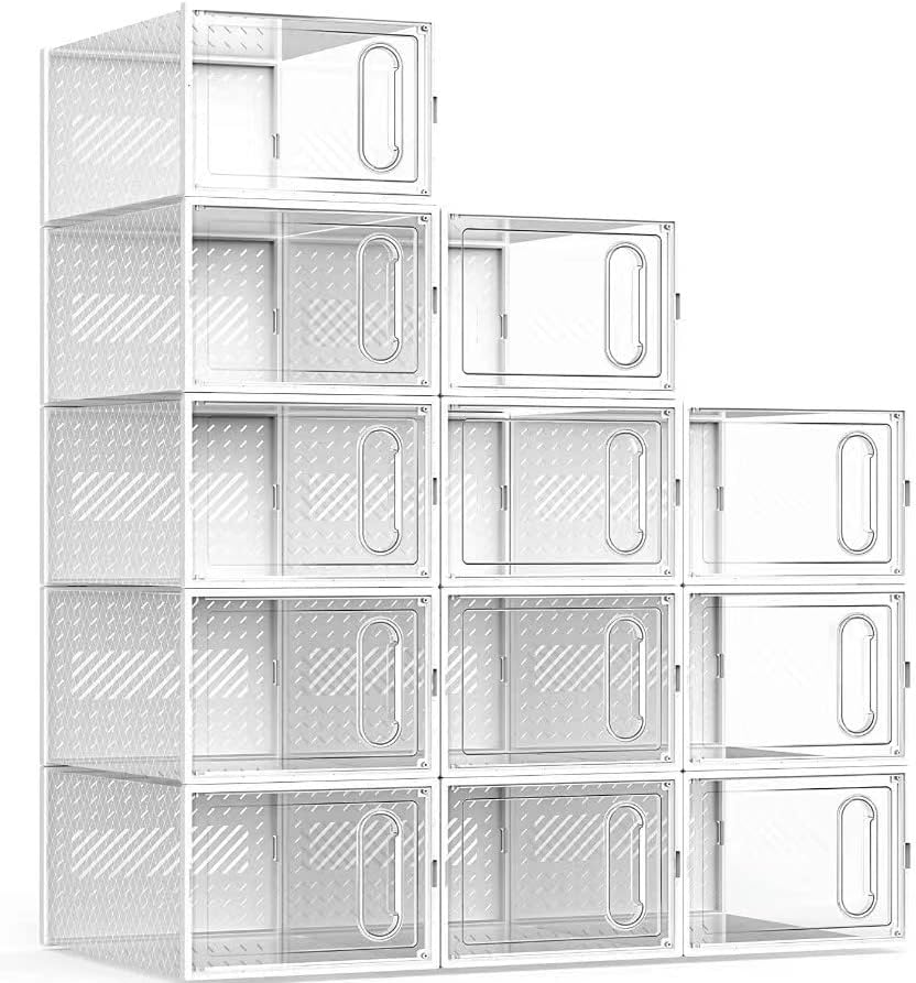 Large Shoe Storage Box, Fit up to Shoe Size 13, Shoe Organizer for Closet, Clear Stackable Sneaker Containers Bins, Space Saving Foldable Shoe Rack (Set of 12Pcs) image number 6