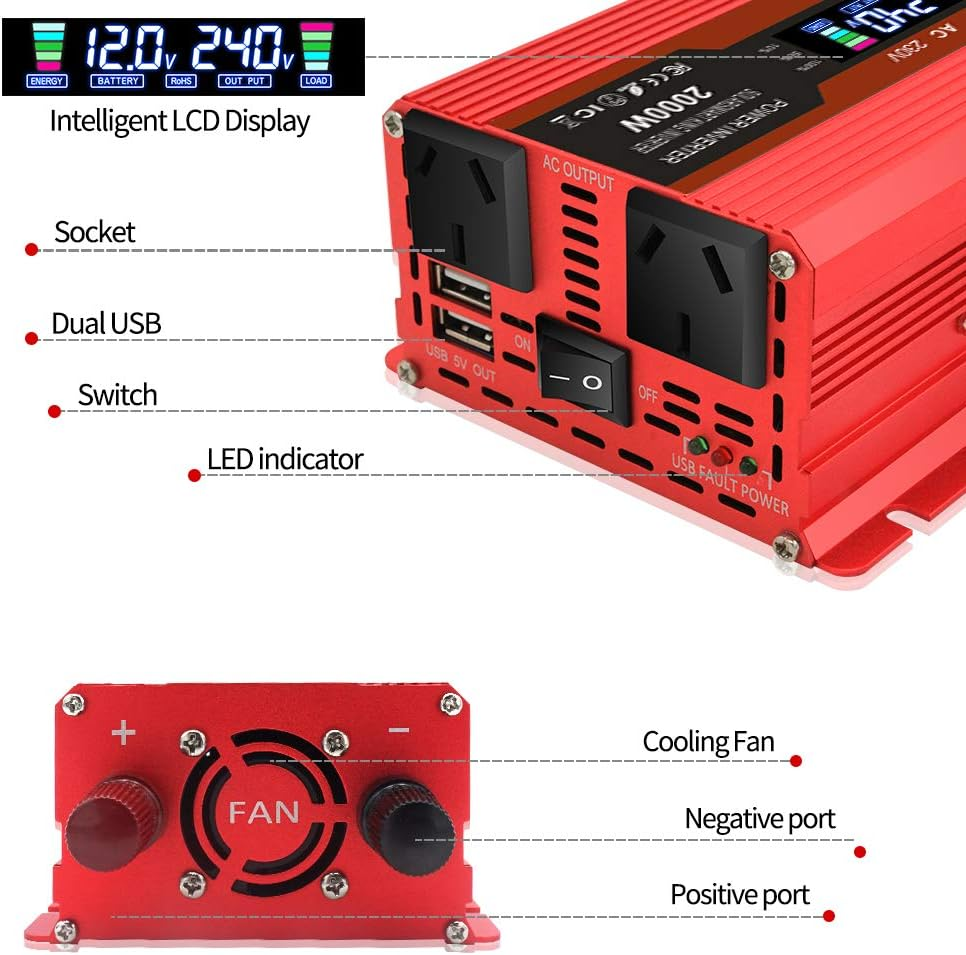 Yinleader 1000W/2000W(Peak) Car Power Inverter DC 12V to 240V AC Converter with Intelligent LCD Display Dual AC Outlets Dual USB for RV Caravan Truck Laptop(Red)