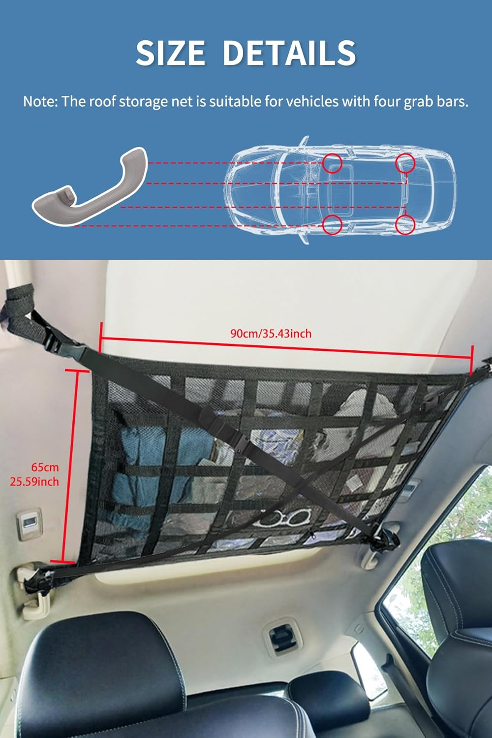 ZAOZAOLLND Car Ceiling Cargo Net Pocket, Three Sizes: 90 * 65CM Strengthen Load-Bearing and Droop Less Mesh Organizer, Long Travel Road Trip,Item Storage (Black, 90 * 65Cm) image number 5