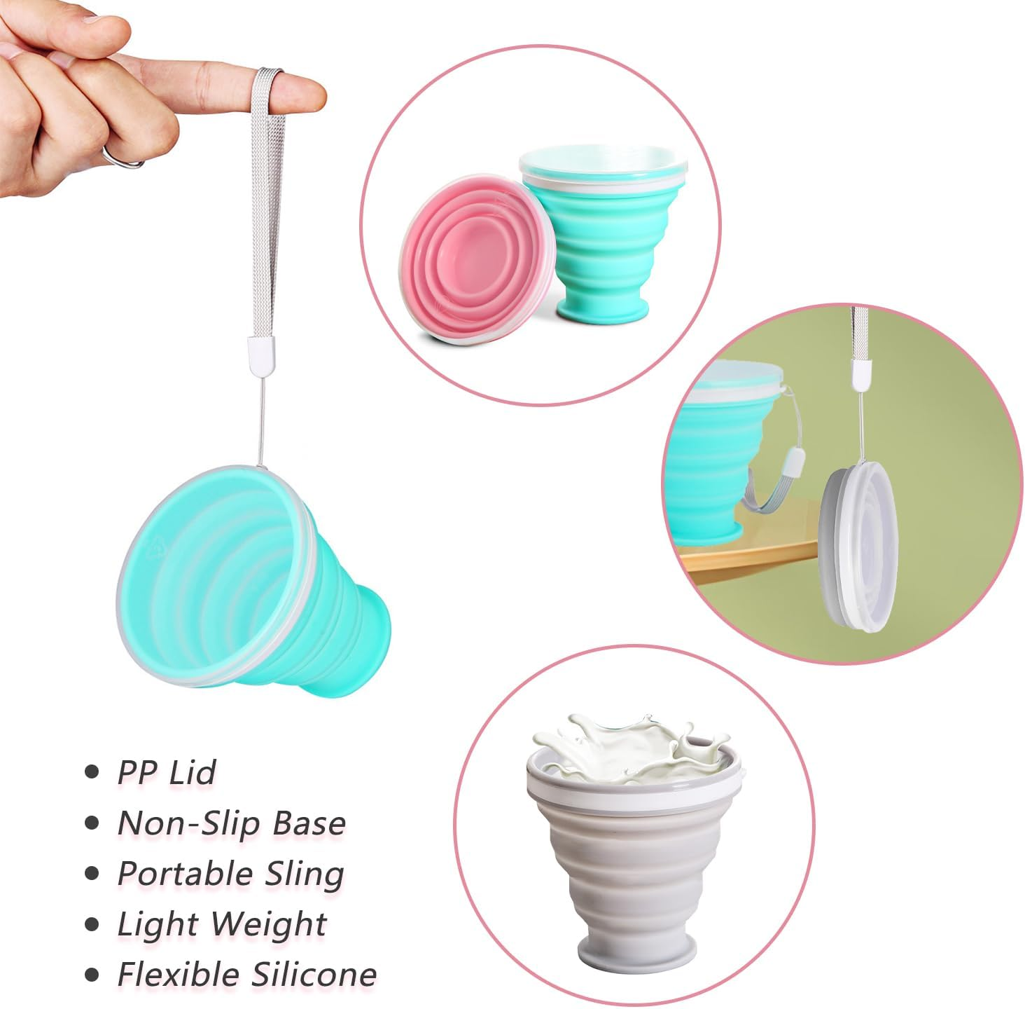 SYEYCW 3 Pcs Collapsible Cups, Silicone Foldable Cup, Folding Silicone Cups with Plastic Sealing Lid, Reusable Portable Cup Set, Folding Cup for Picnic, Camping, Outdoor Hiking, Traveling, 3 Colours image number 1