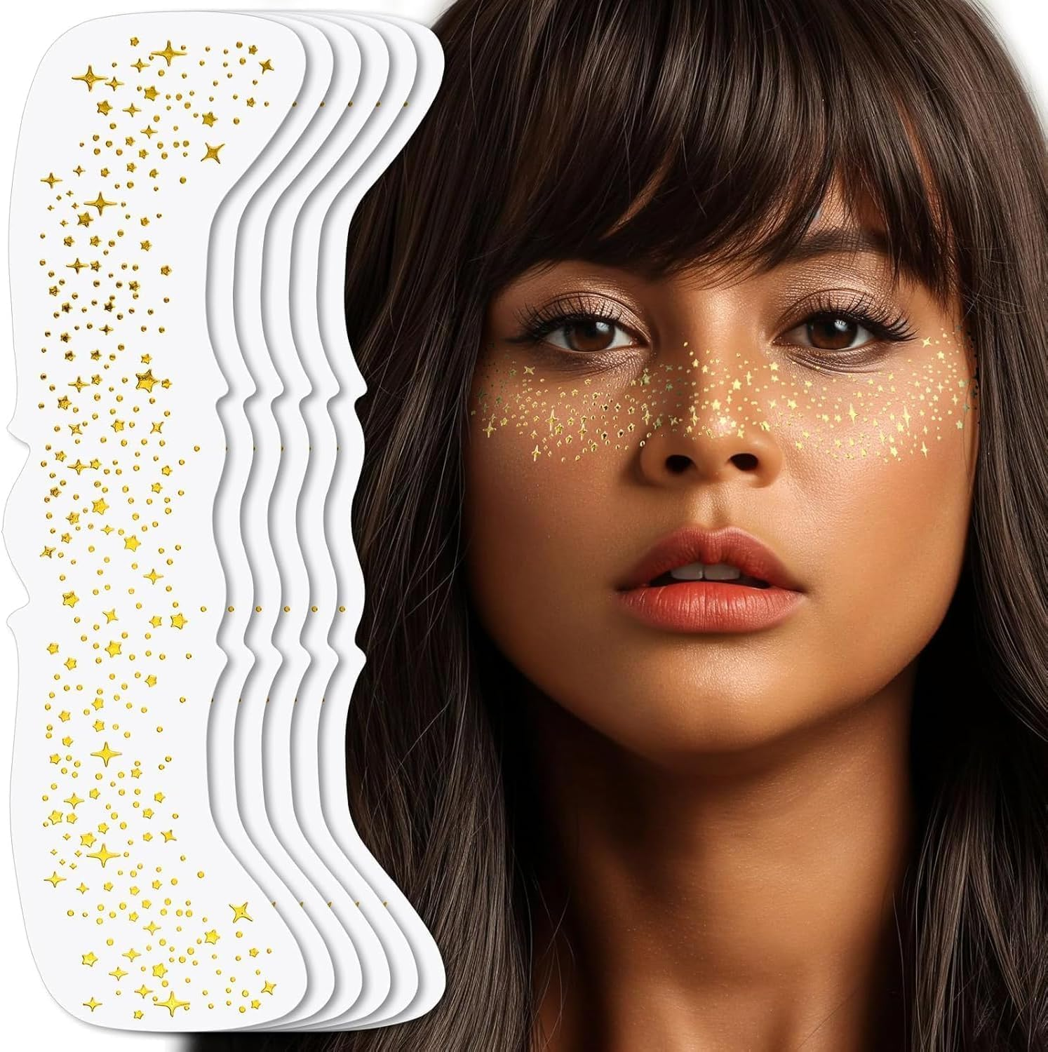 Xolixorium 6Pcs Glitter Freckles Face Tattoo - Gold Speckles Makeup Patches for Festival/Cosplay/Photo Shoots