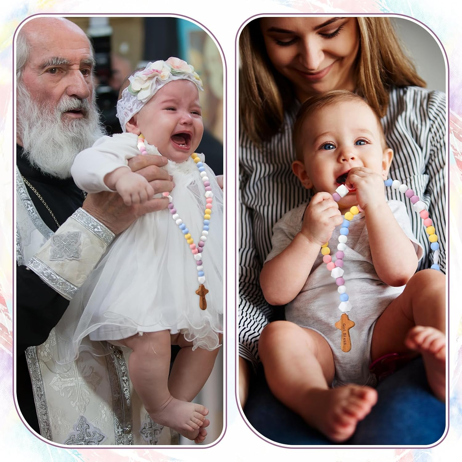 Misdary Baby Rosary Baptism Gift Silicone God Bless Kids First Rosary with Cross 1St Year Baptism Party Supply for Baby Shower Christian Communion Gifts (Multicolor,Square) image number 3