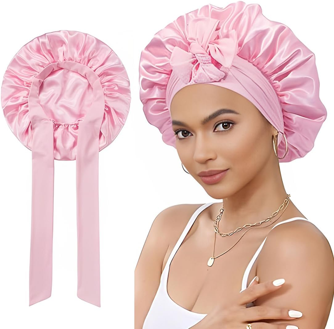 JAWUZ Silk Bonnet for Sleeping, with Nastri Regolabili, Satin Hair Bonnet Raso per Donna Ragazza (Pink)