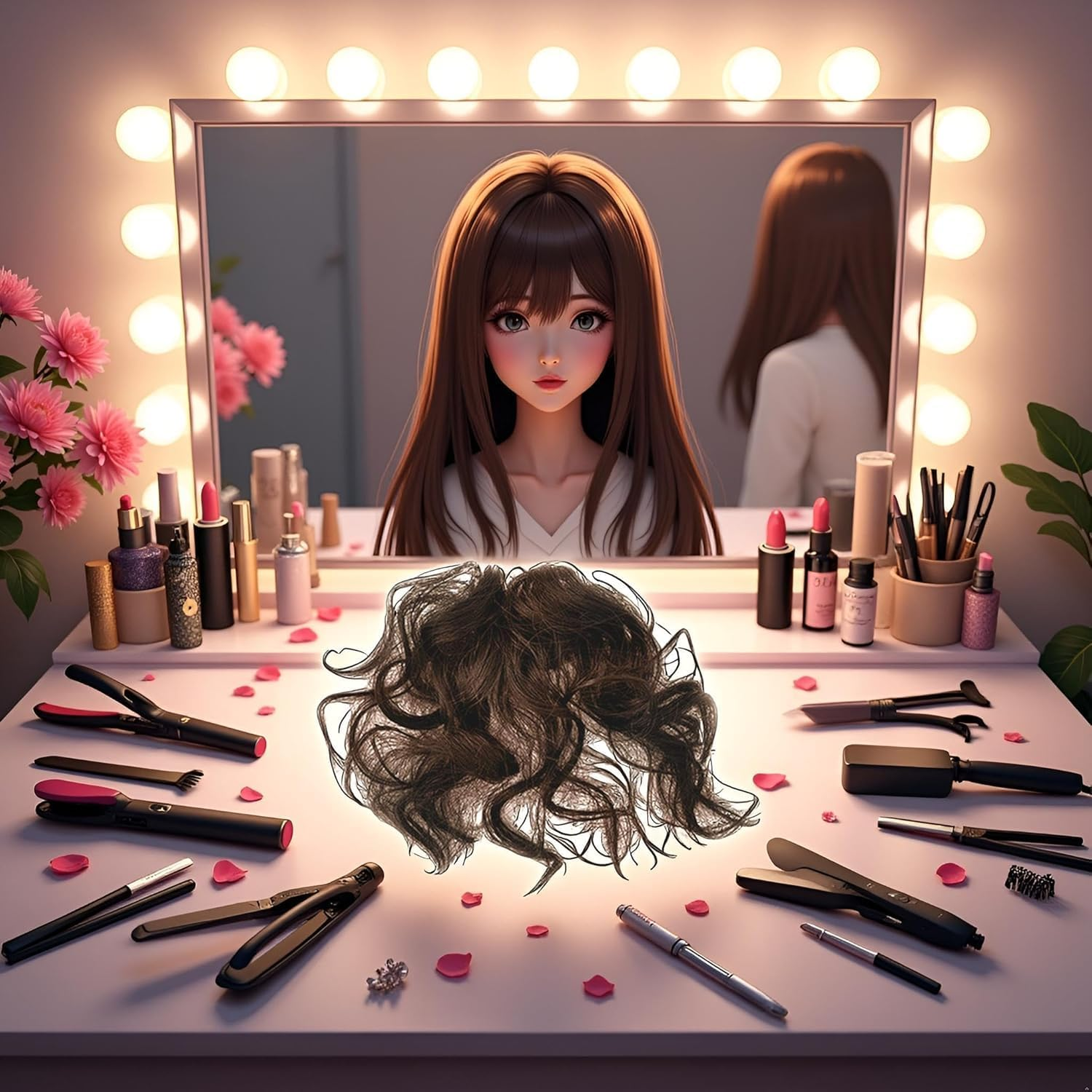 Dark Brown Clip in Hairpiece with Bangs Natural Fluffy Curly Heat Resistant Highlight Wig Headwear for Girls Women Anime Party Cosplay Wedding Dating image number 2