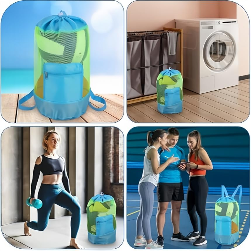 Drawstring Beach Toy Bag, 1Pc Portable Mesh Backpack Beach Tote, Drawstring Beach Shell Toy Bag Mesh Backpack for Beach or Pool, Blue image number 6