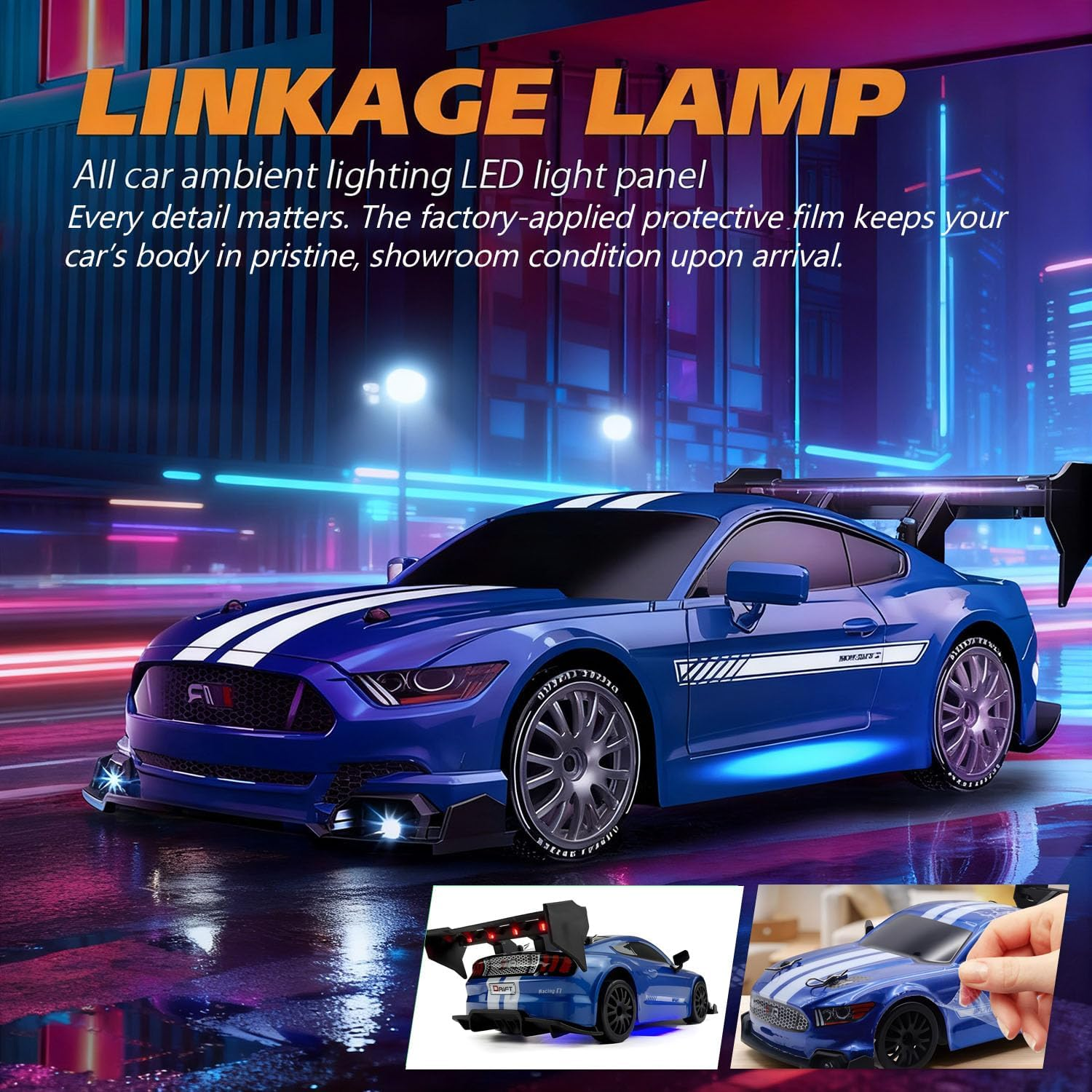 RC Drift Car, 1:24 Scale Remote Control Vehicle for Kids,4Wd 2.4Ghz 30KM/H High Speed RC Cars with LED Light, Drifting Tires Racing Sport Toy Cars for Adults Boys Girls Kids Gift (Blue) image number 3