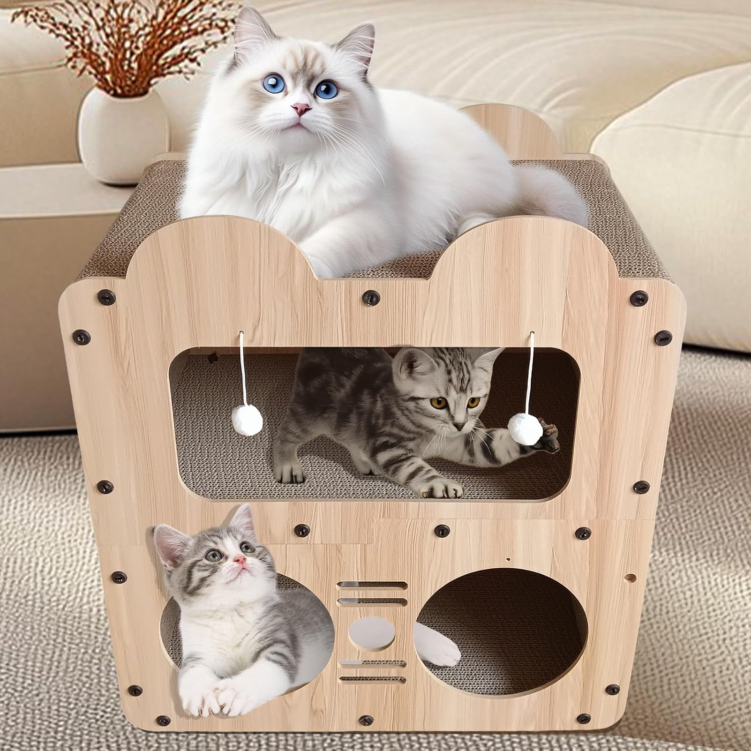 DLZMY 2-Stage Cat Scratching Board with Lounger, 56.5X30X51Cm Cat Scratcher for Rest, Play & Climbing, Durable Corrugated Paper Pet Furniture for Indoor Cats