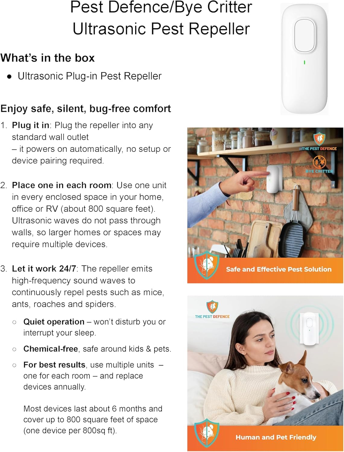 Pest Defence Ultrasonic Pest Repeller, Bye Critter Ultrasonic Pest Repeller Plug-In Mouse Repellent for Home &ndash; Repels Mice, Spiders, Rodents, Cockroaches, and Ants &ndash; Eco-Friendly, Chemical-Free image number 2