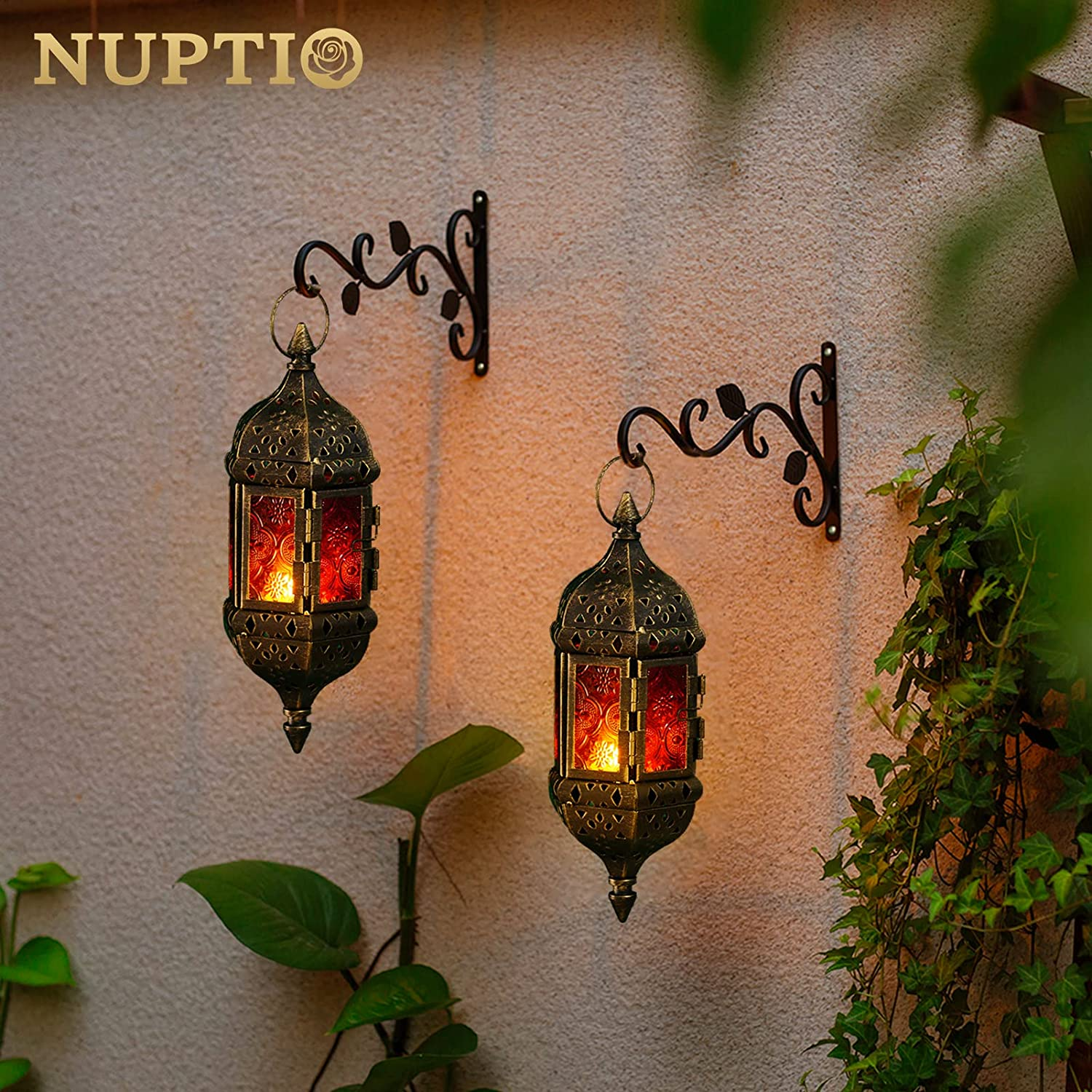 2 Pcs Hanging Hexagon Decorative Moroccan Candle Lantern Holders, Handmade Hanging Tea Light Holder in Bronze Metal & Red & Purple Glass Gift & Decor Items image number 6