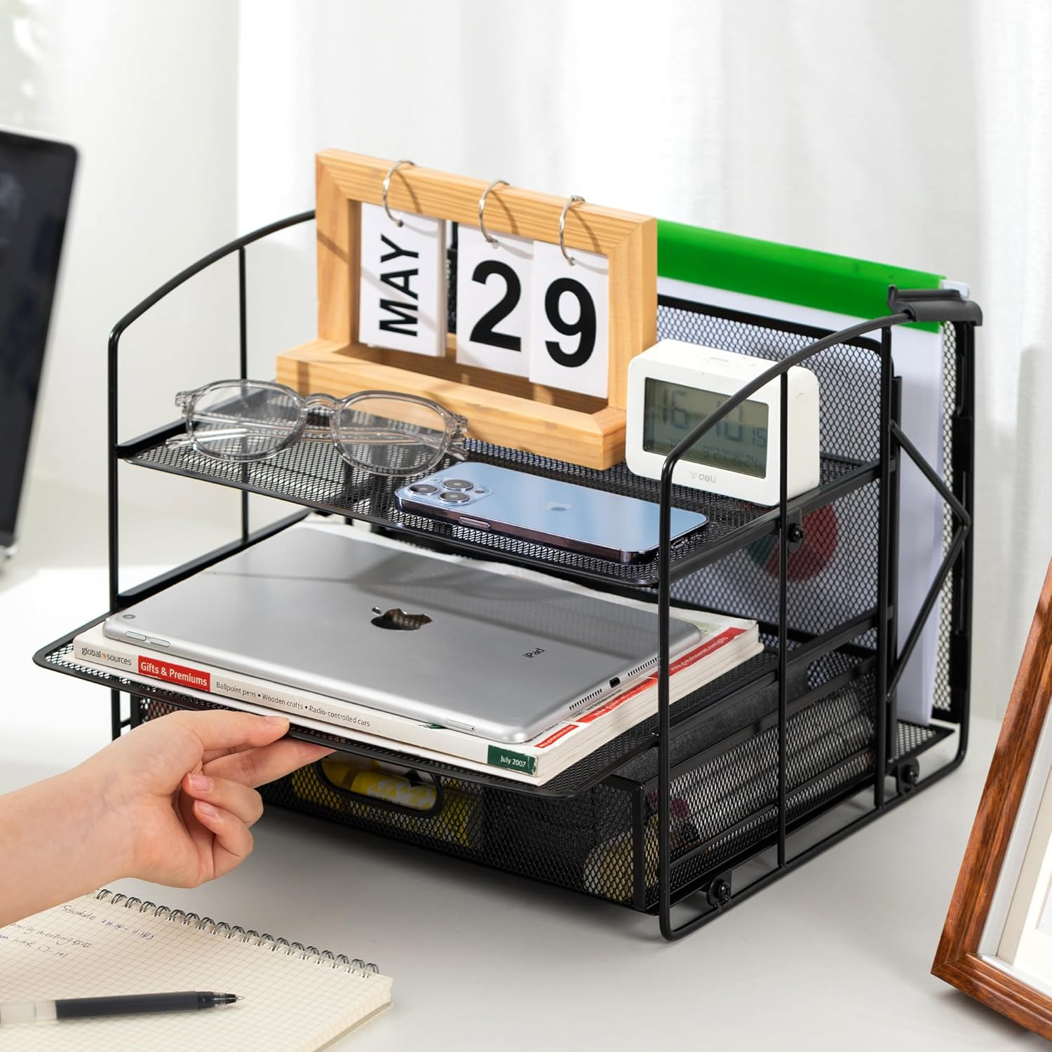 Amazon Basics Rectangular Desk Organizer 3 Tray W/Sliding Drawer and Hanging File Holder, Black image number 3