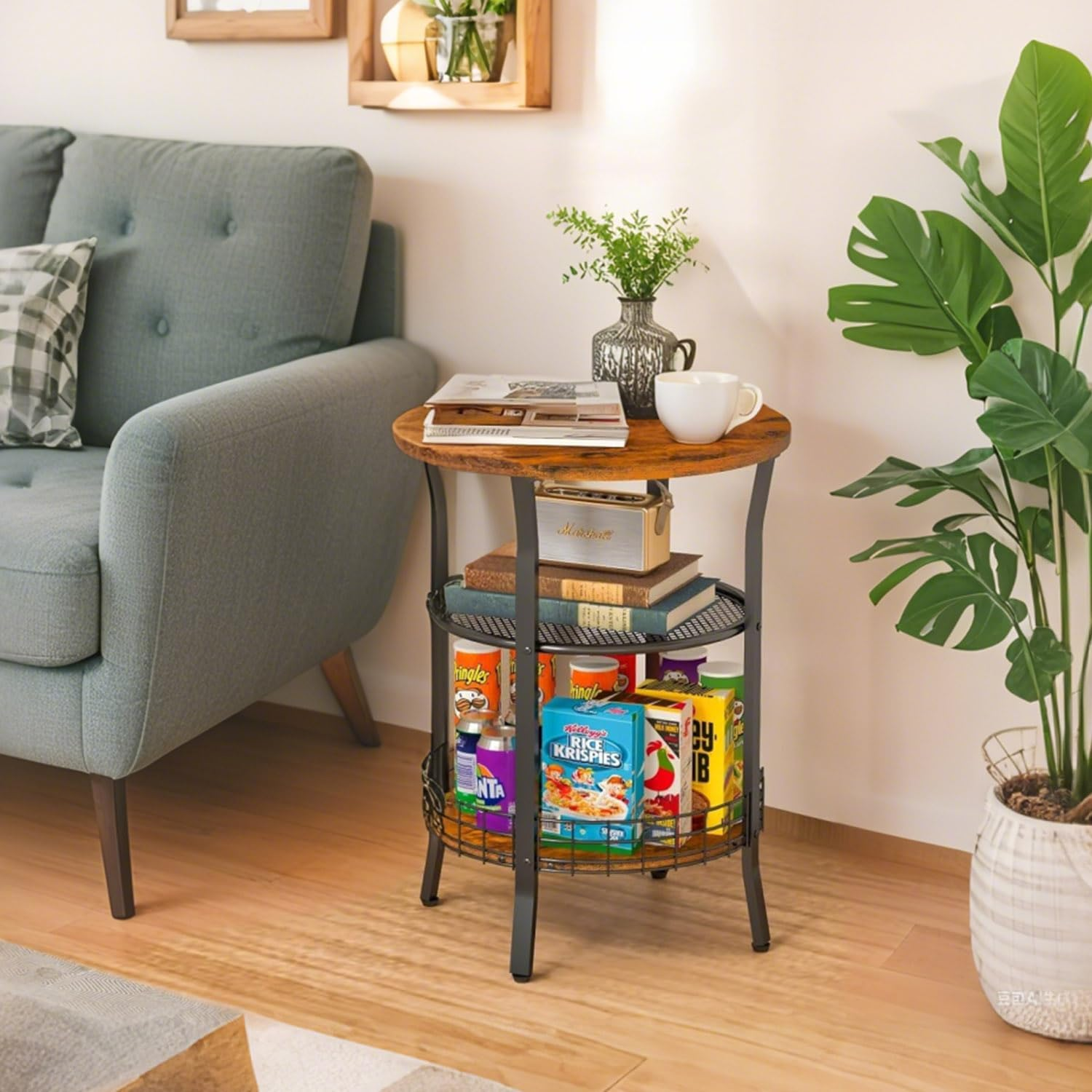 Round Side Table &ndash; Industrial Style Wooden & Metal Side Table with Storage Shelf, Rustic Brown, for Living Room, Bedroom, Office & Kitchen image number 6