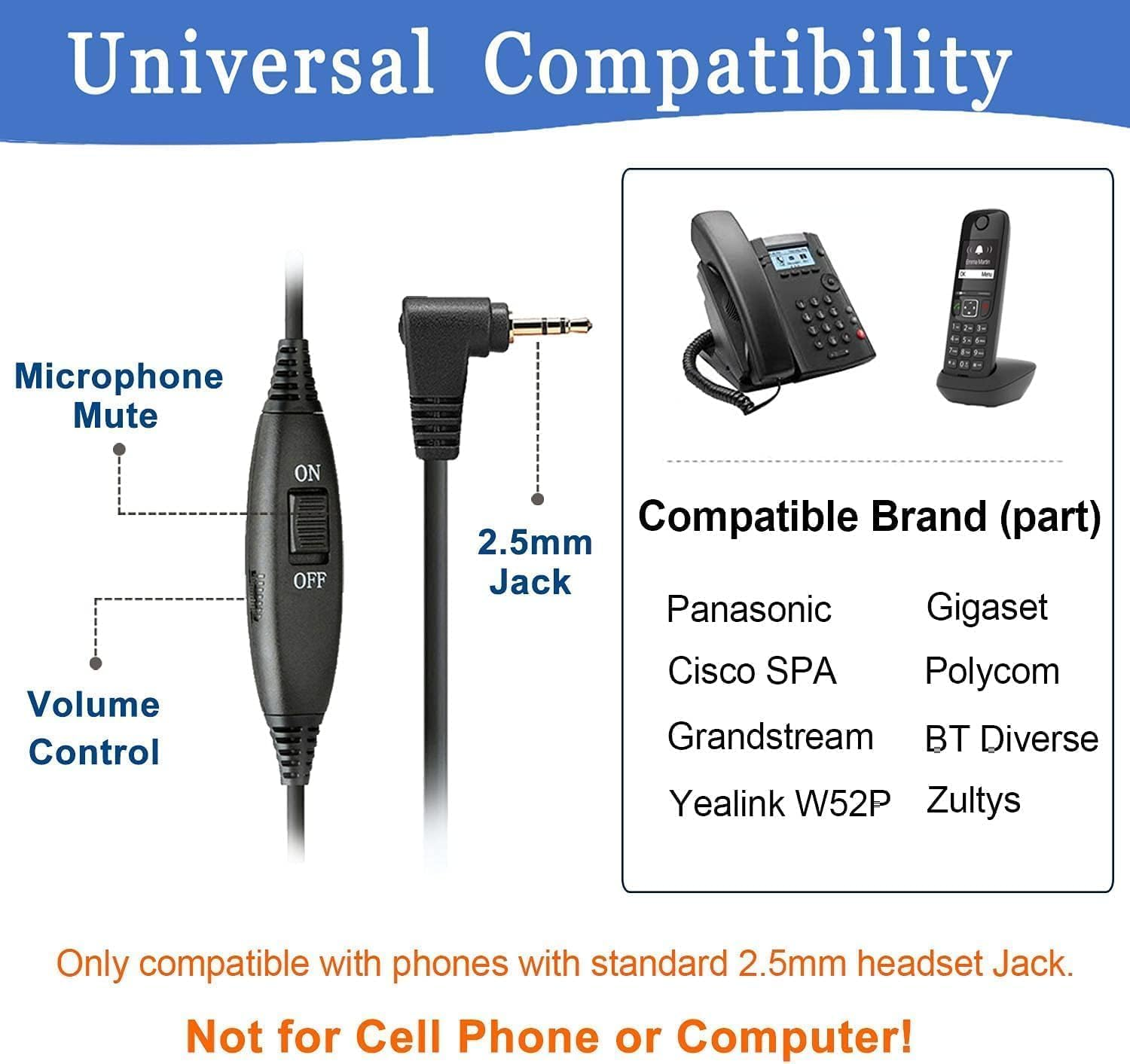 2.5Mm Landline Telephone Headset with Microphone Noise Cancelling, Office Phone Headset Work for Panasonic Gigaset C430A Polycom Cisco SPA Yealink W52P Grandstream BT Cordless DECT Phones, Clear Calls