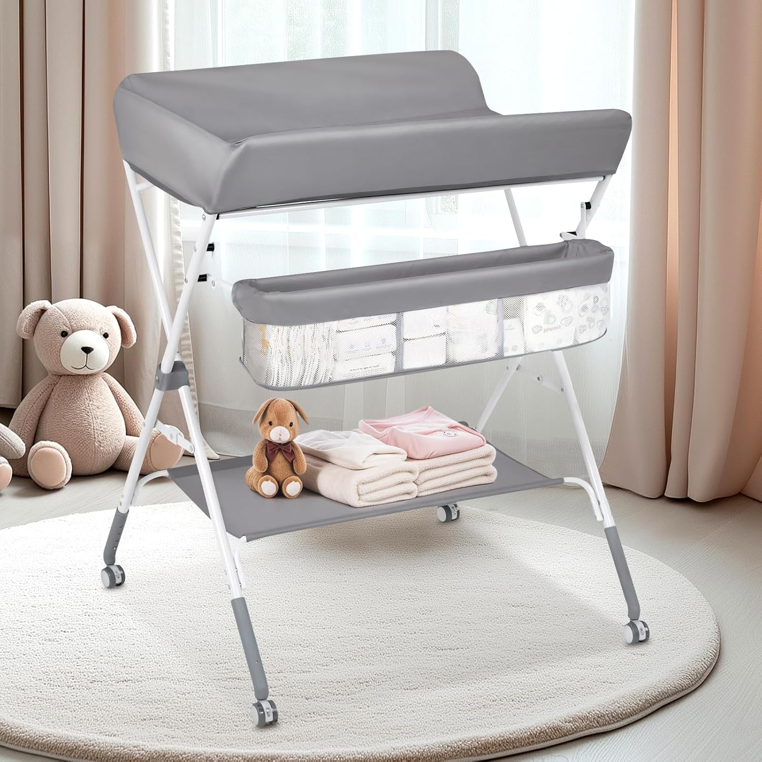 Advwin Baby Changing Table with Adjustable Height, Foldable Diaper Station with Storage Shelf, Portable Toddler Change Table for Home Nursery image number 3