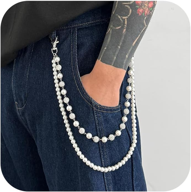 Pants Chain for Men Women Wallet Chain Rhinestone Waist Chain Hipster Street Jeans Chain Silver Keychain Pocket Bag Accessories Trendy Body Jewelry