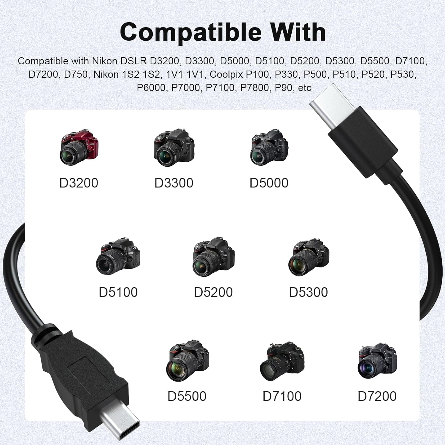 USB C to UC-E6 Photo Transfer Cable Cord for Nikon D7200 D7100 D5500 D5300 D5200 D5100 D3300 D3200, for Nikon Coolpix S Series S6600 S6300 Cameras for PC, Iphone 15, Android, Macbook with USB-C (1 FT) image number 2