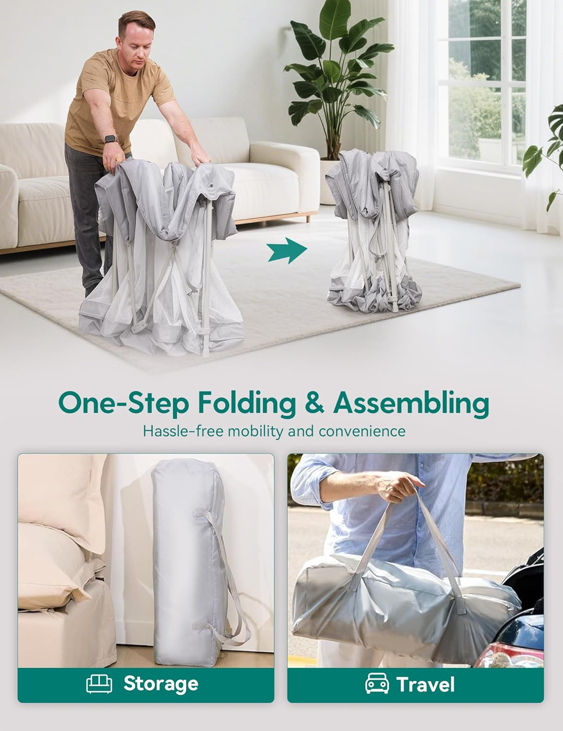 BABELIO Foldable Baby Playpen with Mat, 127 &times; 127 CM Portable Playard for Babies and Toddlers, Parents' Picks Awards Winner, Indoor & Outdoor Kids Safety Play Pen Area, Travel Fence, Grey image number 3