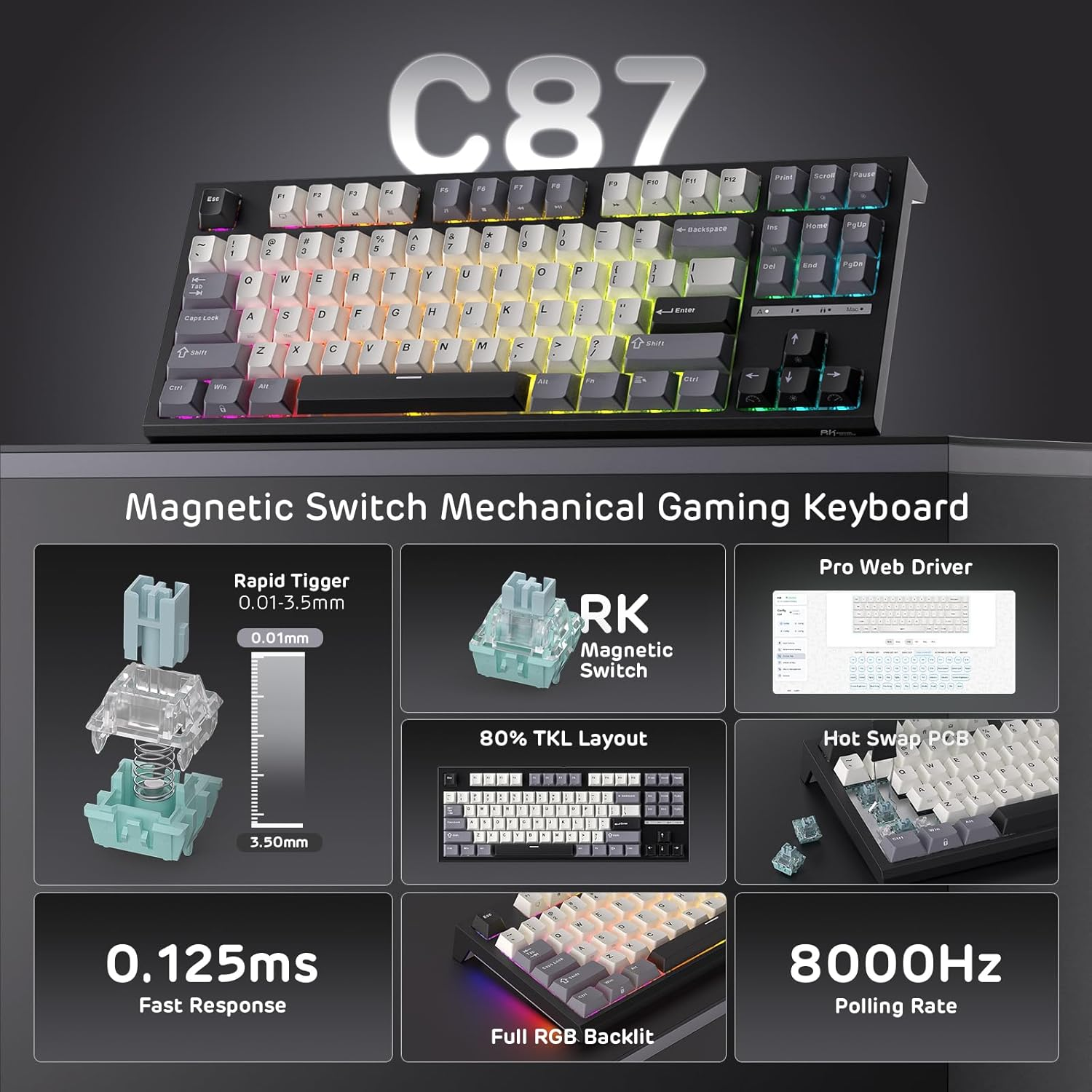 RK ROYAL KLUDGE C87 HE Rapid Trigger Gaming Keyboard, 87 Keys TKL Wired RGB Mechanical Keyboard, 80% Hall Effect Magnetic Switch Keyboard W/Adjustable Actuation Point, 8K Polling Rate, for FPS Gamer - Blackpink image number 2