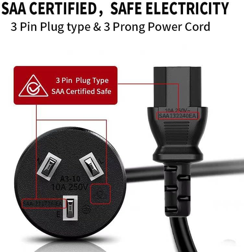 IEC 320 C13 Computer Power Cord Socket to 3-Prong Australia Plug 250V 10A, SAA Approve Power Cord Lead Cable, 2M Power Extension Cable for IEC Kettle Cord, Pcs, Monitors, Power Adapters image number 5