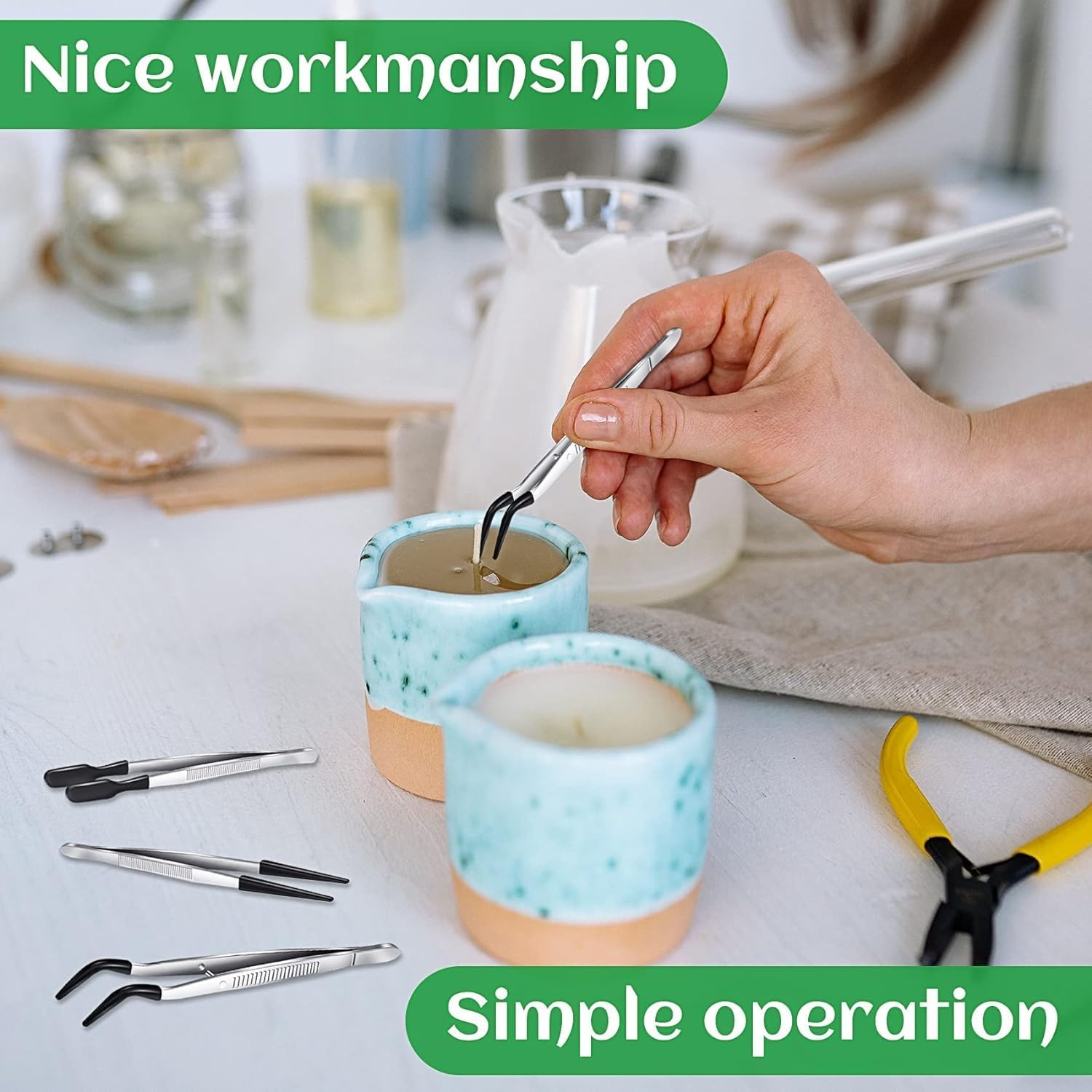 Non-Marring Silicone Tipped Tweezers Set - 3Pcs Rubber Coated with Bent, Straight, and Flat Tips - PVC Coated