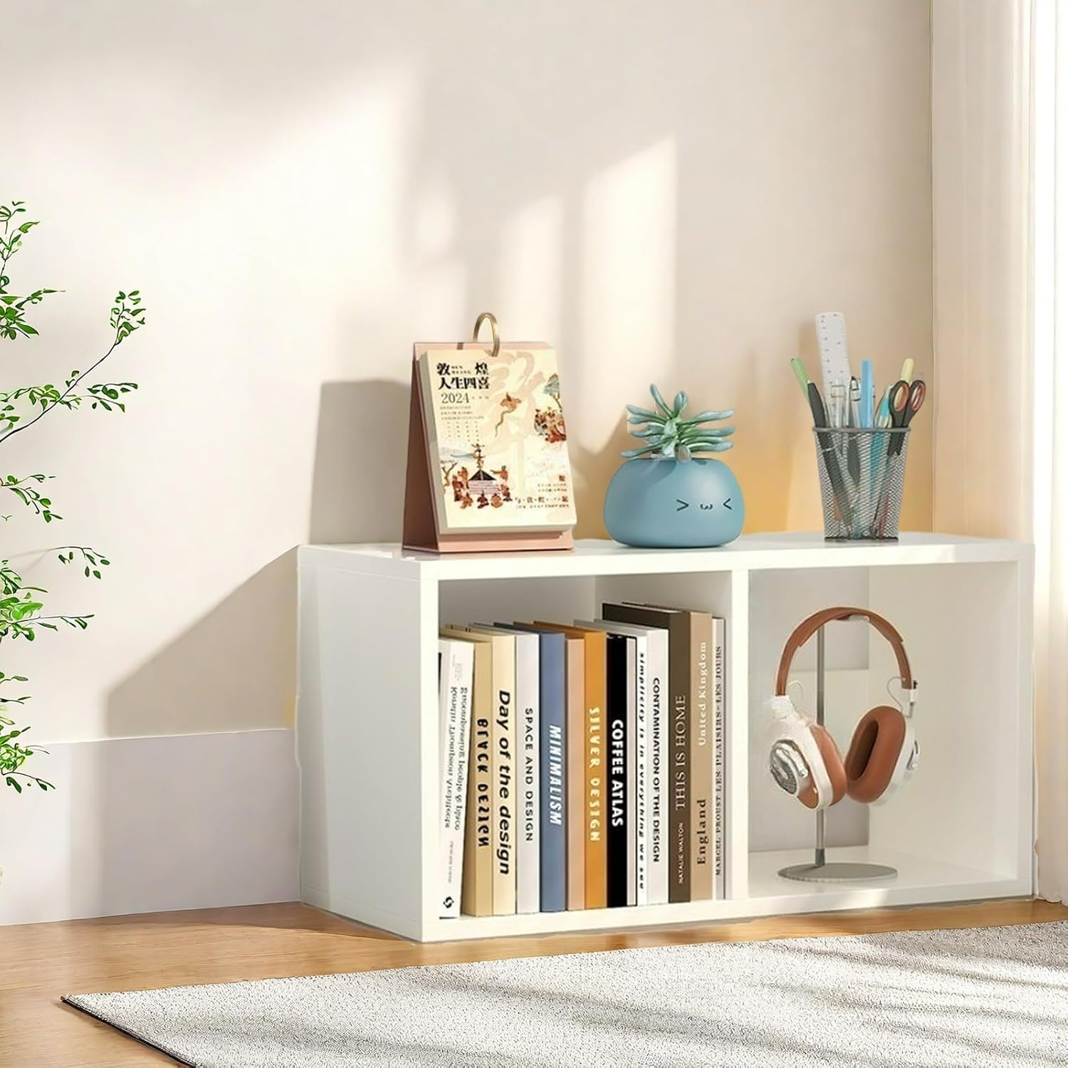 Desktop Organiser Wooden Bookshelf, Office Desk Display Shelf Unit, Book Storage Bookcase, Books Shelves A273 (Grey) - Black image number 3