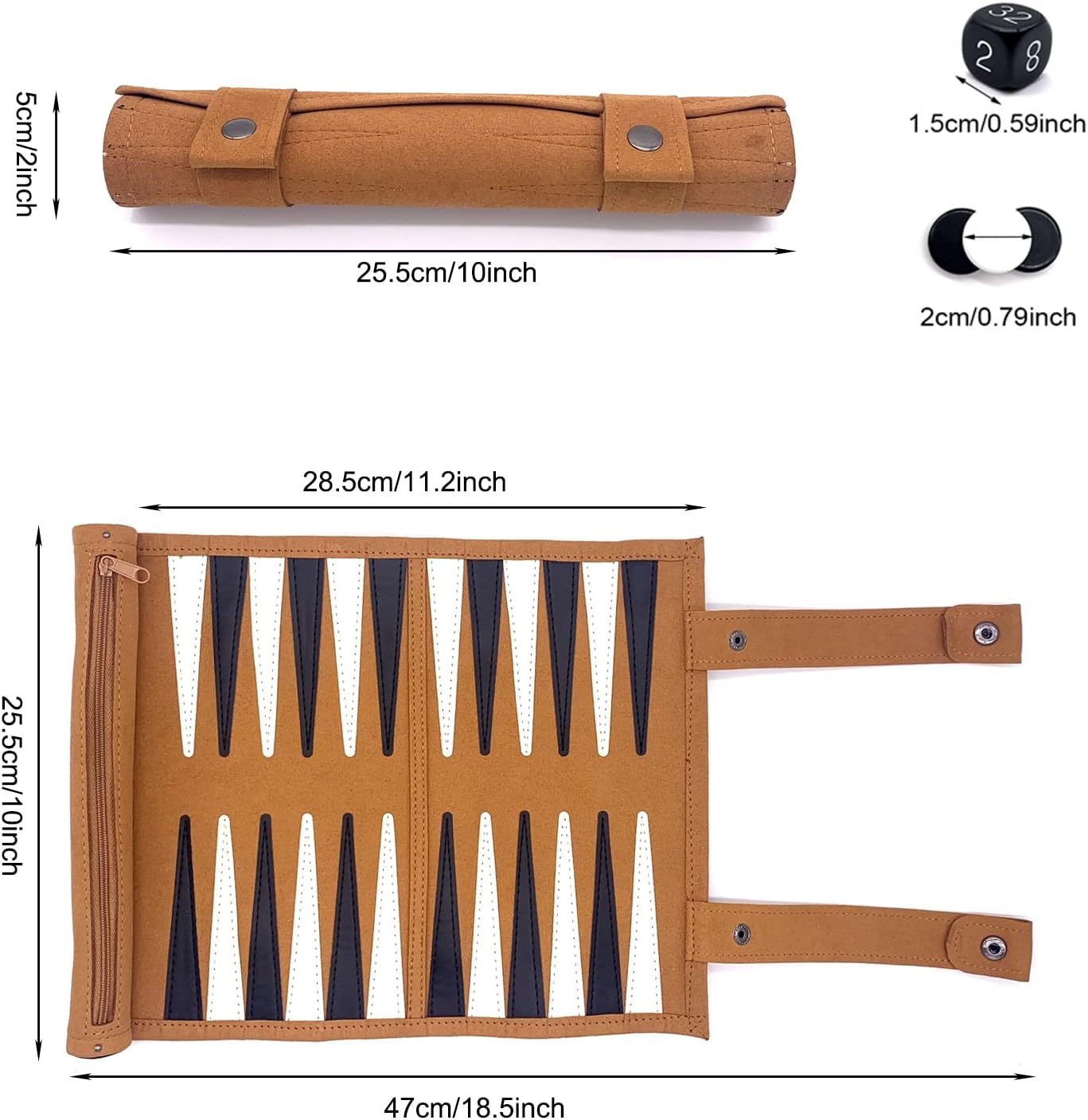 Genuine Leather Roll-Up Travel Backgammon Game, Foldable Chess Board, Portable, Lightweight, Multiplayer, Age 18+ image number 1