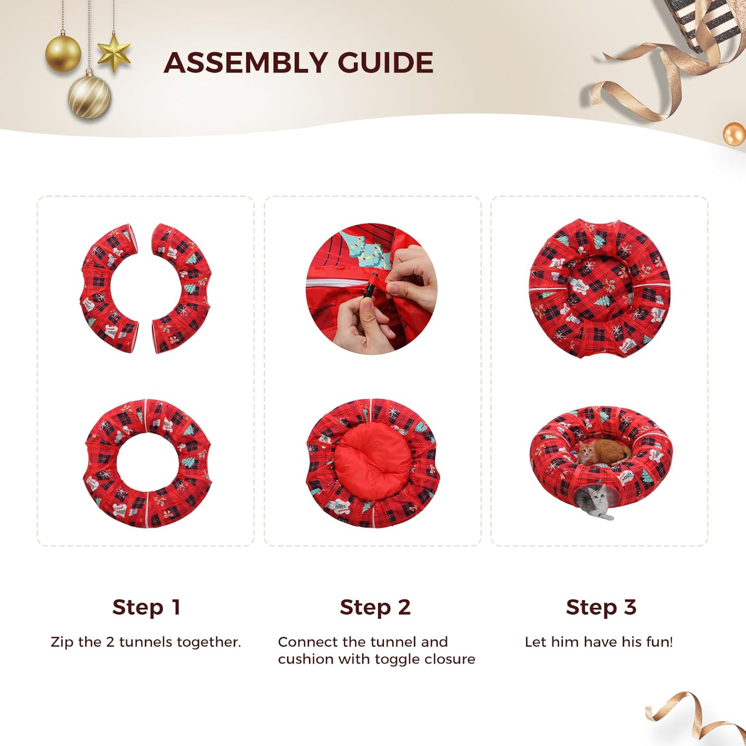 PAWZ Road Cat Tunnel for Indoor Cats, Bed with Central Mat, Peephole, Toy, Hanging Balls, Christmas Toy, Diameter 90 Cm, Red image number 4