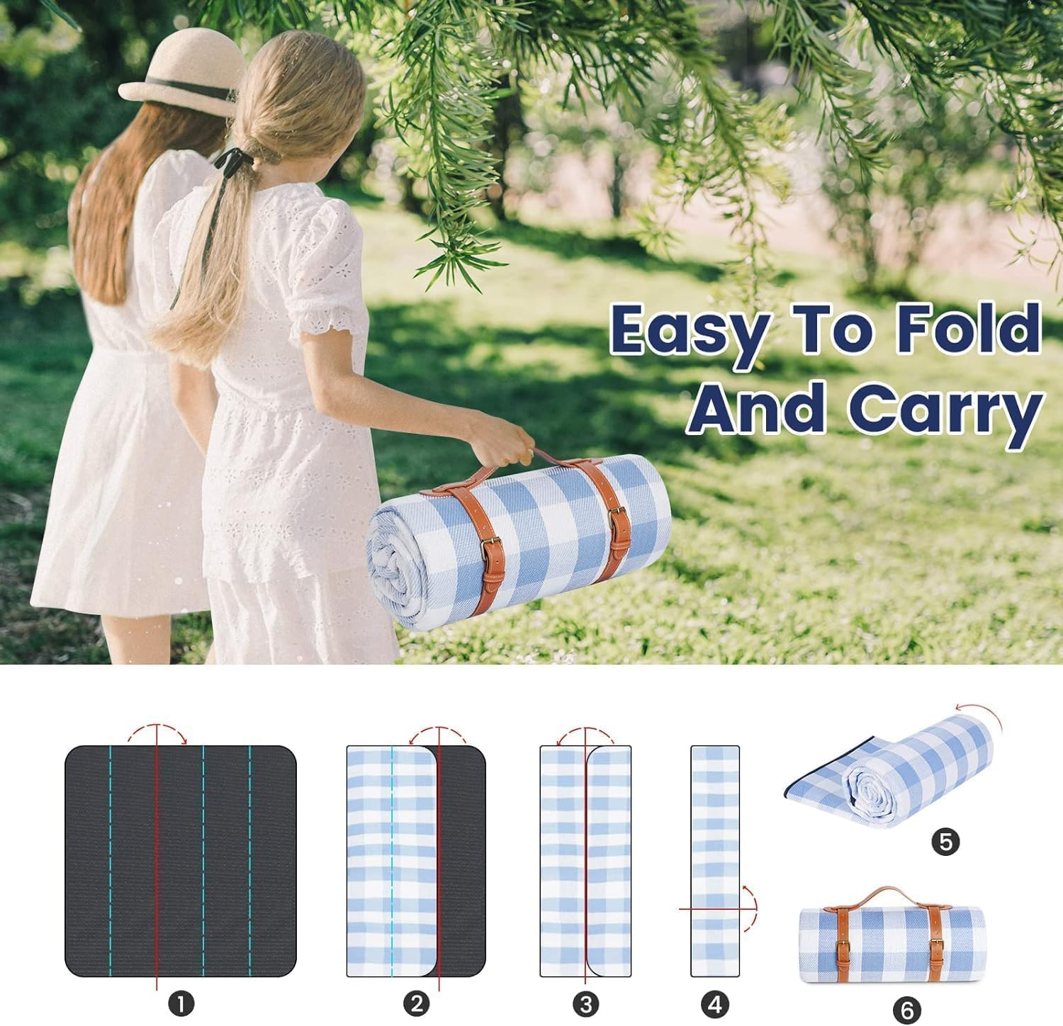 Picnic Blanket Extra Large, Waterproof and Foldable Beach Blanket, 3-Layer Outdoor Blanket for 6 to 8 Adults, for Camping, Park, Beach, Grass, Indoors (White & Blue Grids, 200&times;300Cm) image number 1