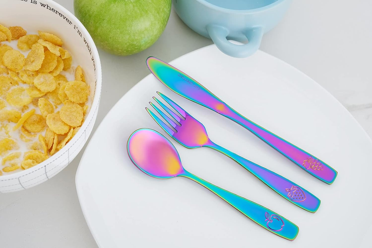 12 Piece Stainless Steel Kids Silverware Set - Child and Toddler Safe Flatware - Utensil Set Includes 4 Small Spoons, 4 Forks & 4 Knives - UV Rainbow image number 3