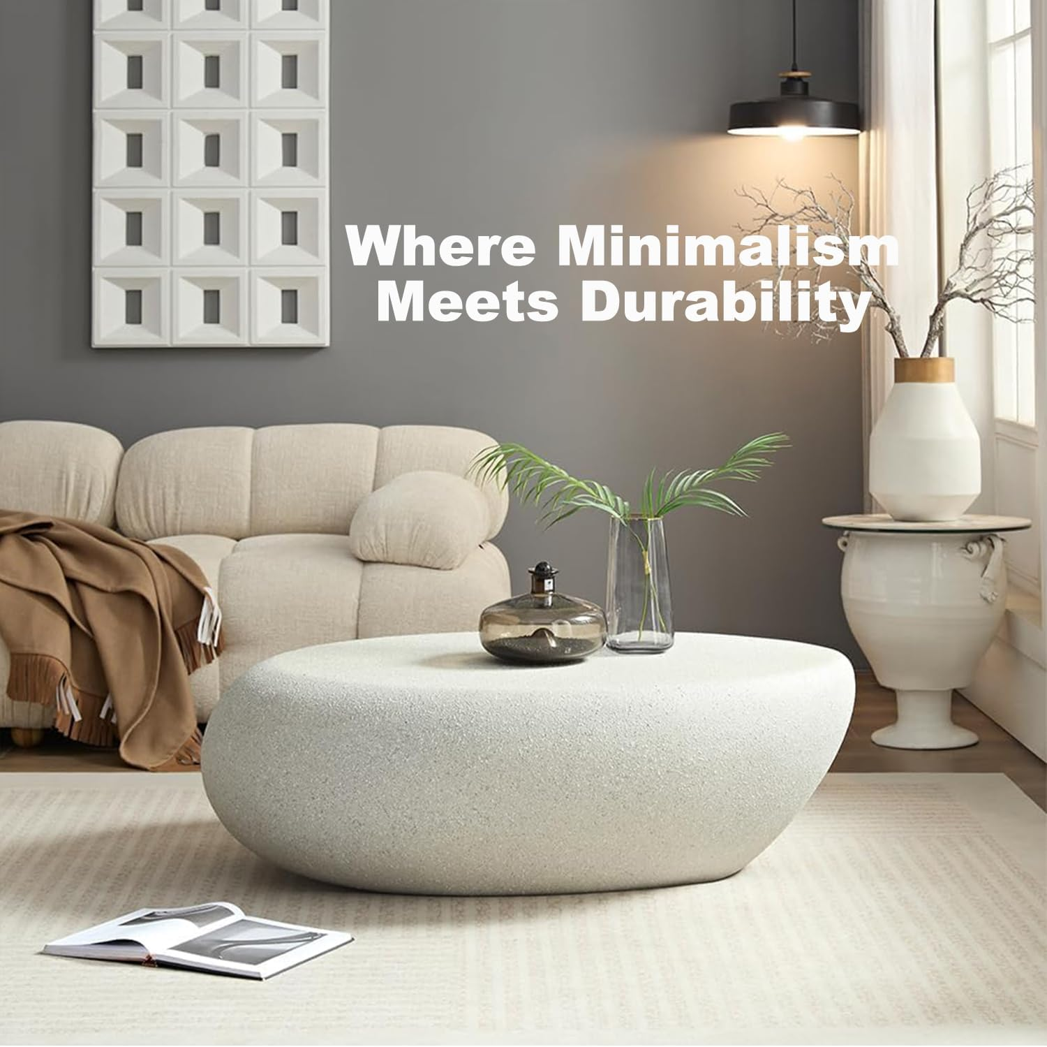 Oval Coffee Table &ndash; Beige Faux Stone Finish, Modern Fiberglass Drum Design, Minimalist Accent Table for Living Room, Bedroom, Apartment or Office, Outdoor, No Assembly Needed - Black - Oval 100Cm image number 2