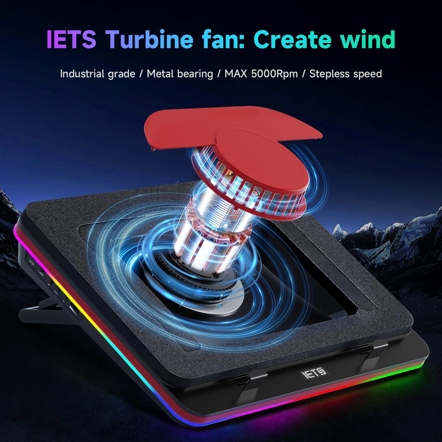 IETS Supercharged Laptop Cooling Pad with Continuously Variable Speed Turbofan,Seal Foam for Rapid Cooling 13-19Inch Gaming Laptop,Air Filtration,Rgb and USB Hub,Powerful Laptop Cooler image number 4