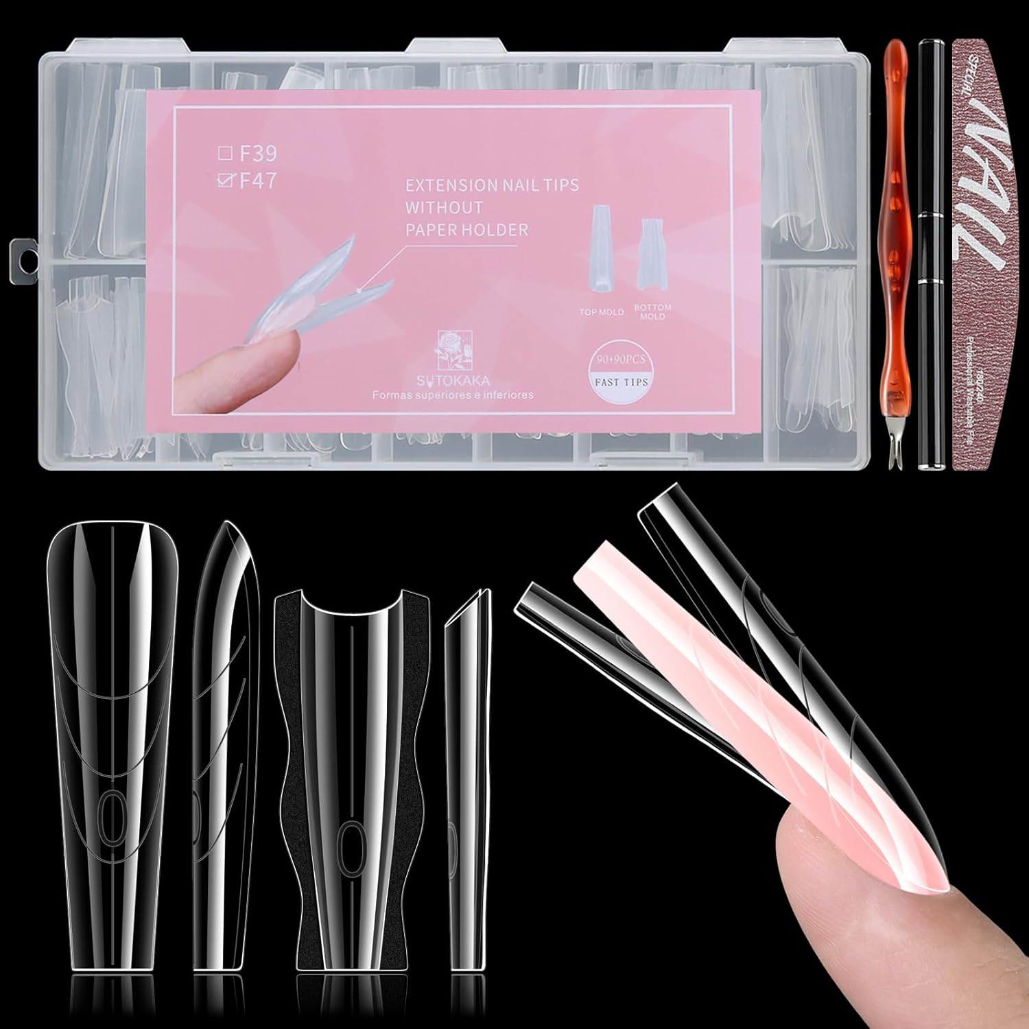 SUTOKAKA 180Pcs Sandwich Polygel Nail Form Kit 15 Sizes Reusable Coffin Nail Extension Mold Builder Gel Dual Forms with Tools for Beginners, No Paper Forms Needed