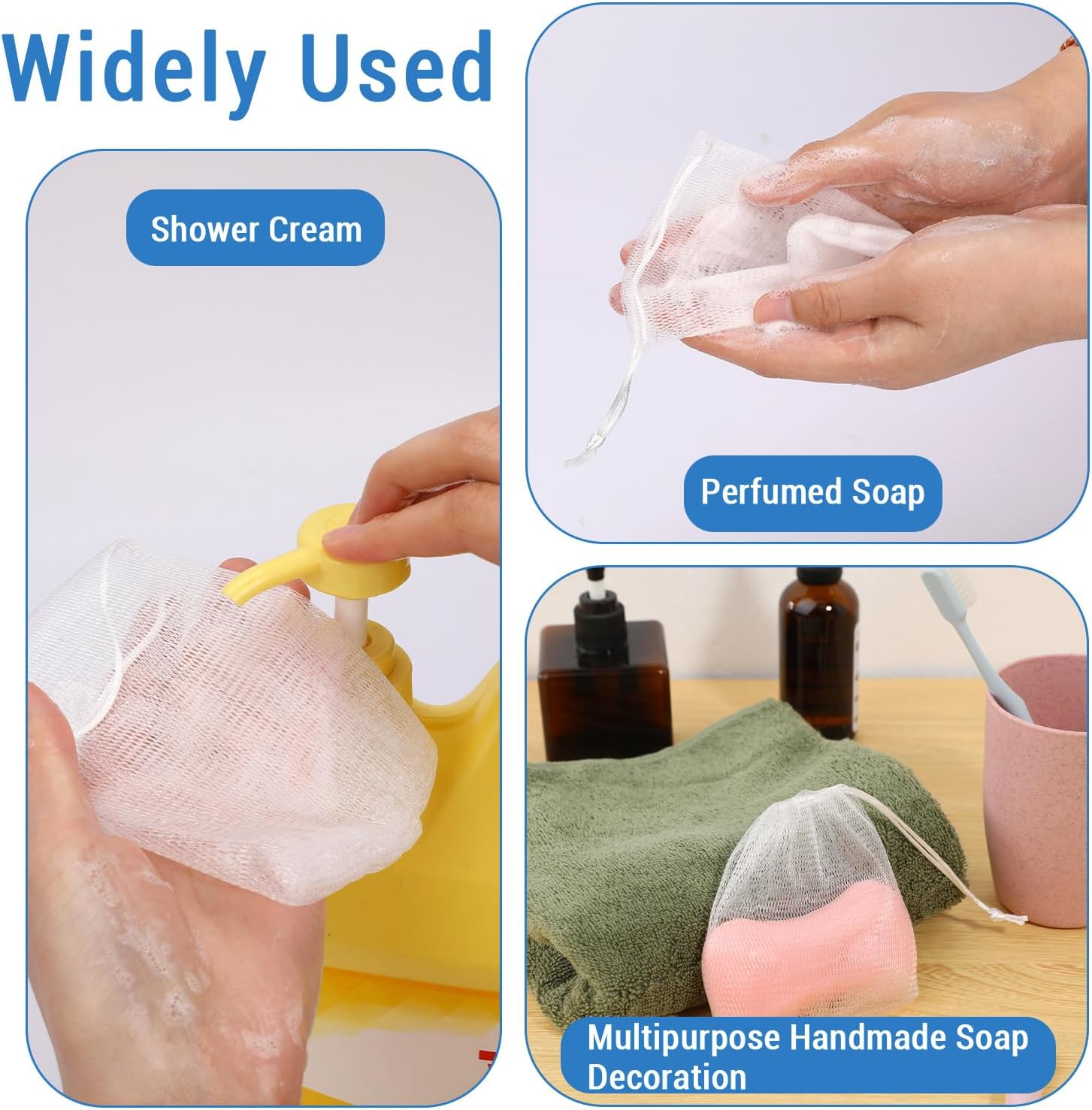 Mozeat Lens 8 PCS Exfoliating Mesh Soap Saver Pouch Bag Mesh Soaps Bag Handmade Soaps Bubble Mes H Net Bags with Drawstring Foaming Net Sack Bags for Bath & Shower image number 3