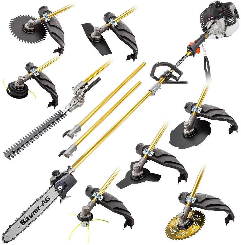 Baumr-Ag 65Cc 9In1 Long Reach Garden Multi-Tool, Pole Saw, Hedge & Line Trimmer, Brush Cutter, 12" Tree Trimming Pruning Chainsaw Bar, 2 Extension Shafts