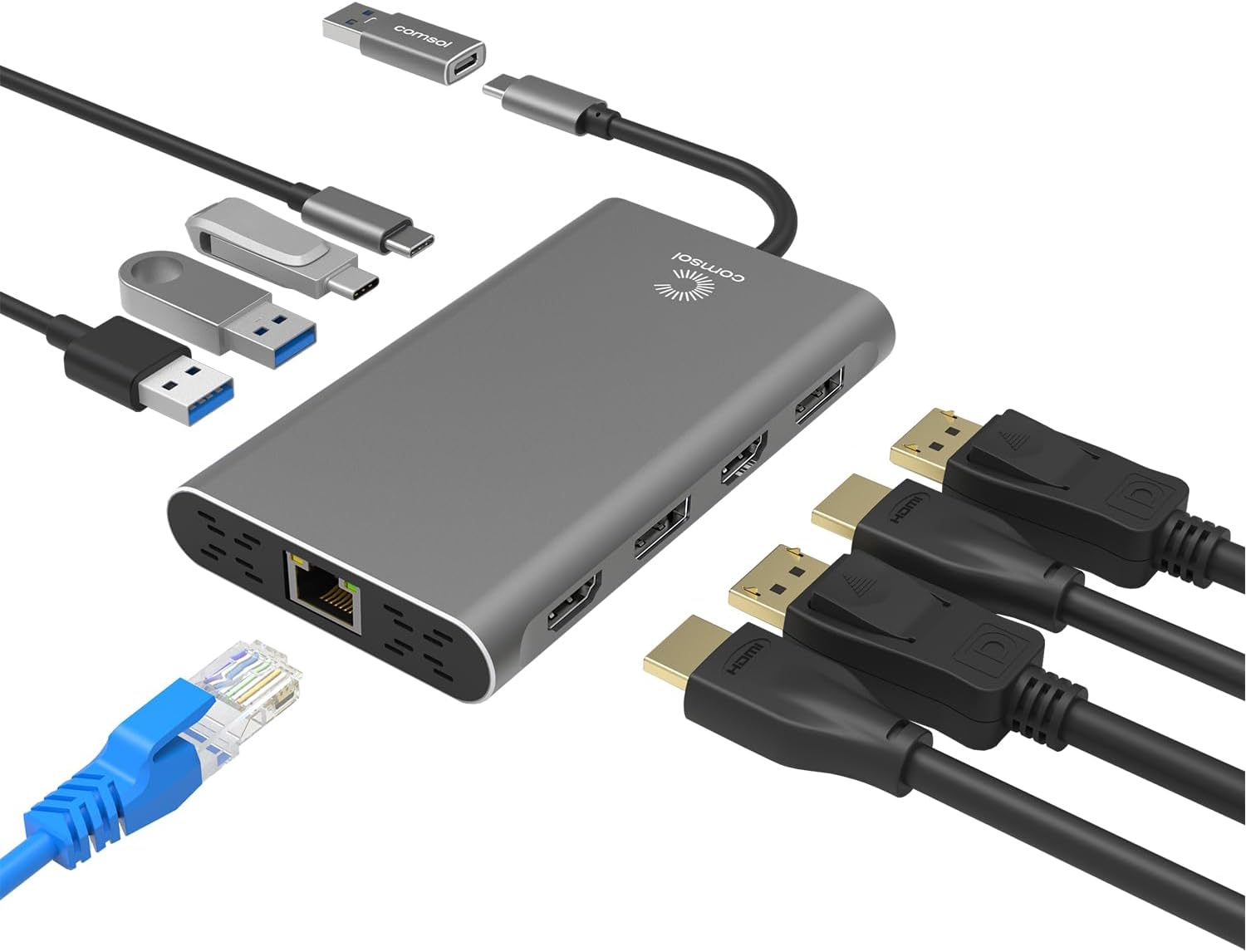 Comsol USB-C Multi-Port Adapter, Dual 4K Hdmi/Displayport Output, RJ45 LAN, USB 3.0 Ports, Universal Compatibility image number 2
