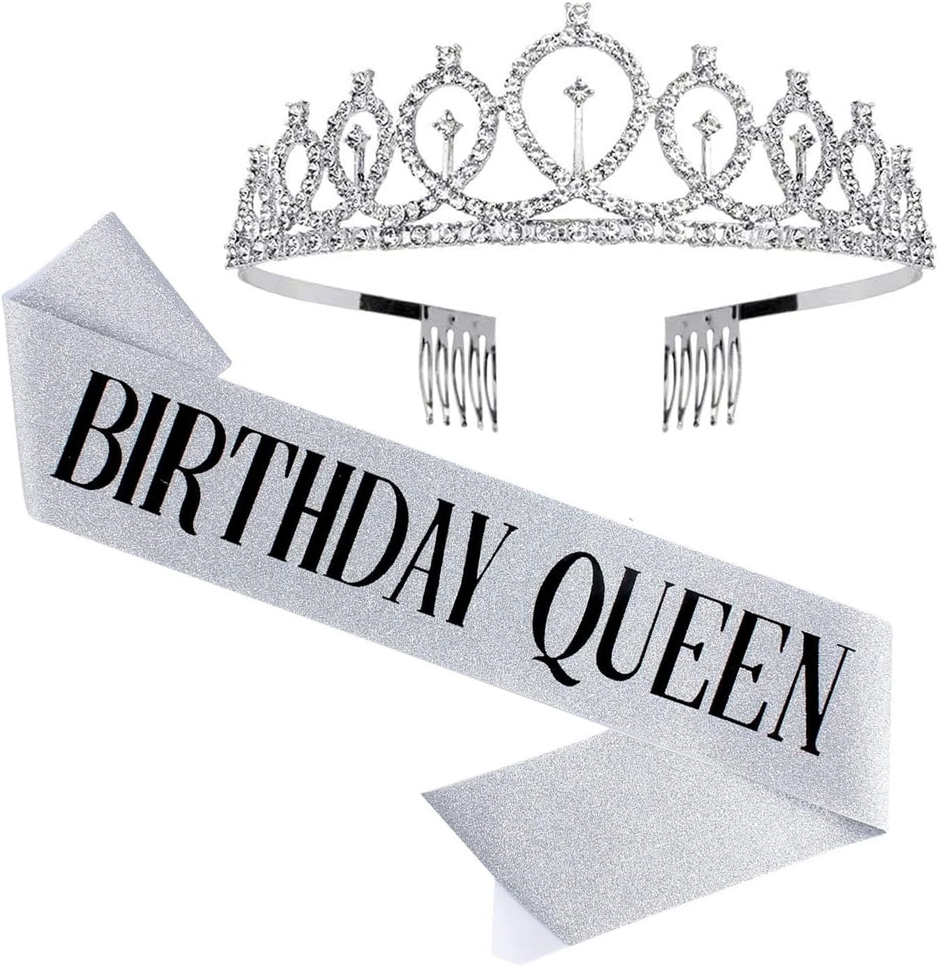 Birthday Sash & Rhinestone Tiara - Silver Birthday Gifts Glitter Birthday Sash Birthday Party Favors image number 3