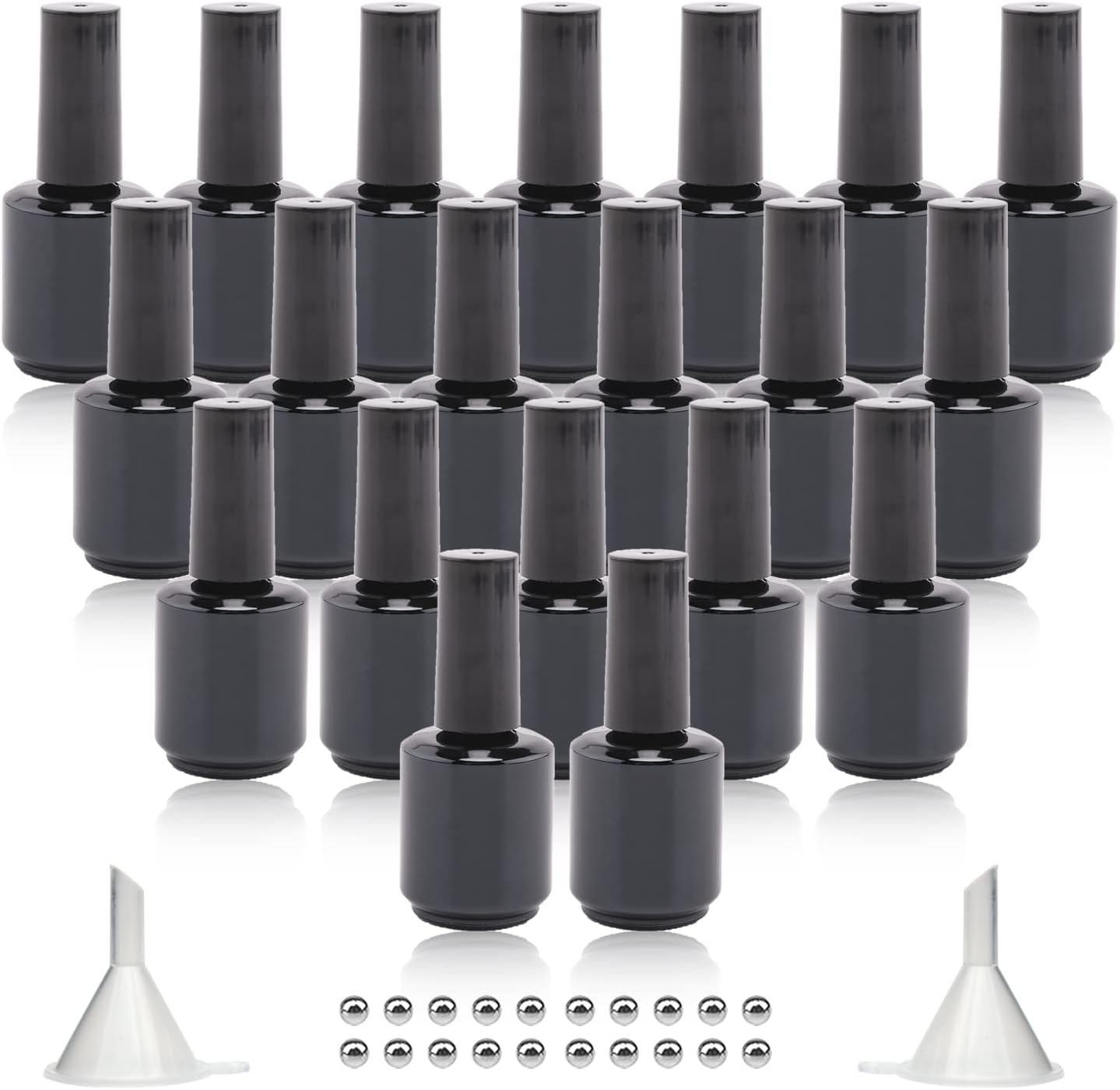 Agidea Empty Gel Nail Polish Bottles, 15ML Refillable Fingernail Polish Bottles with Brush, UV Safe with Mixing Balls & Funnels, Pack of 20 (Bright Black)