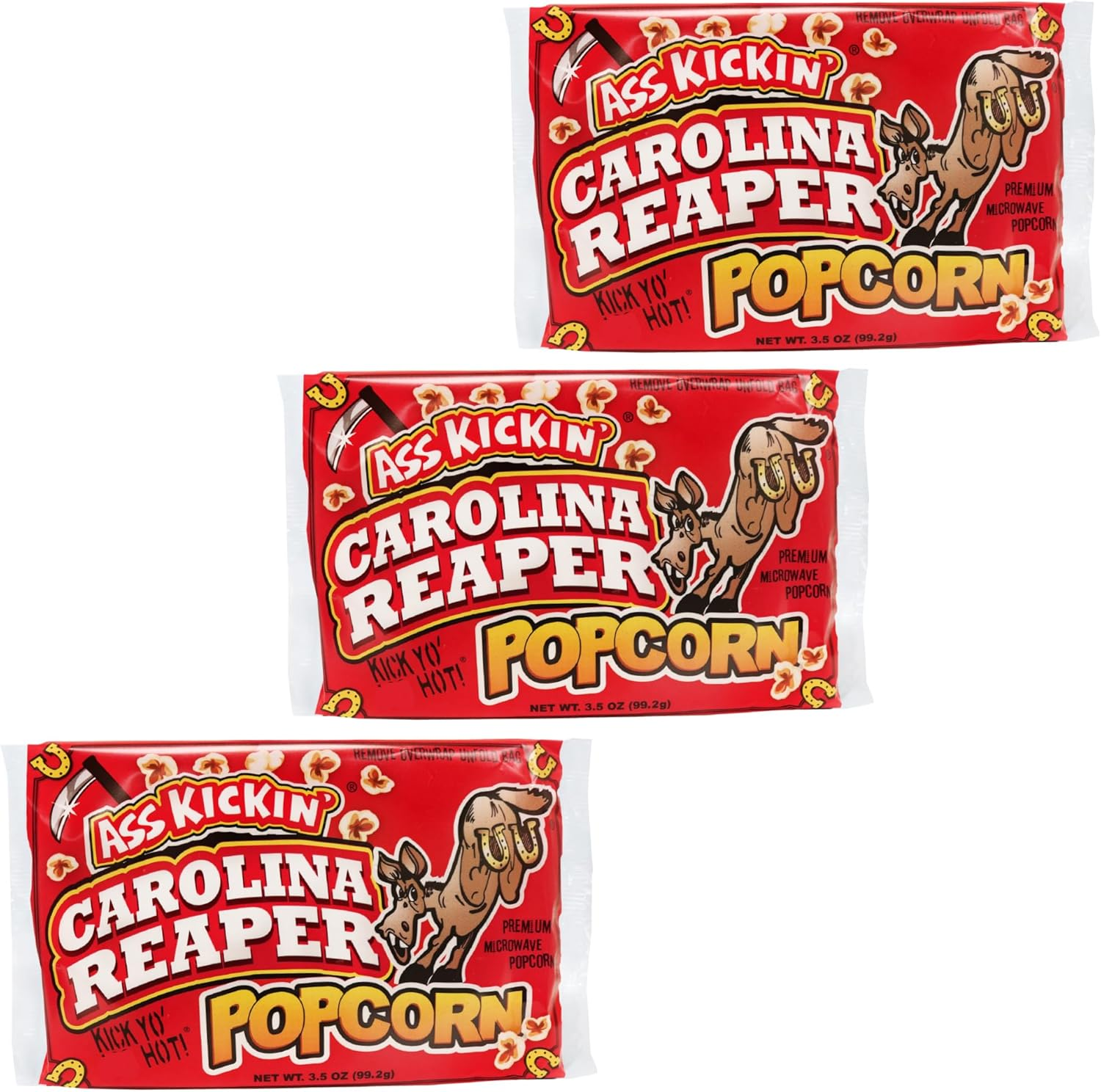 KICKIN&rsquo; Carolina Reaper Pepper Microwave Popcorn - Spicy Snacks - Pack of 3 - Ultimate Spicy Gourmet Gift Popcorn - Makes a Great Movie Theater Popcorn or Snack Food - Try If You Dare! image number 1