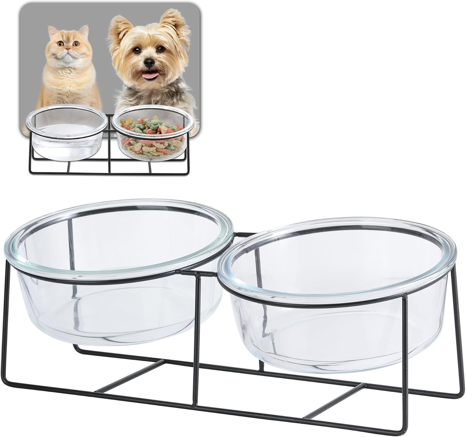Raised Ceramic Dog Bowl with Metal Stand - Double Bowls for Food and Water - Feeding Bowl for Cats and Small to Medium Dogs - White