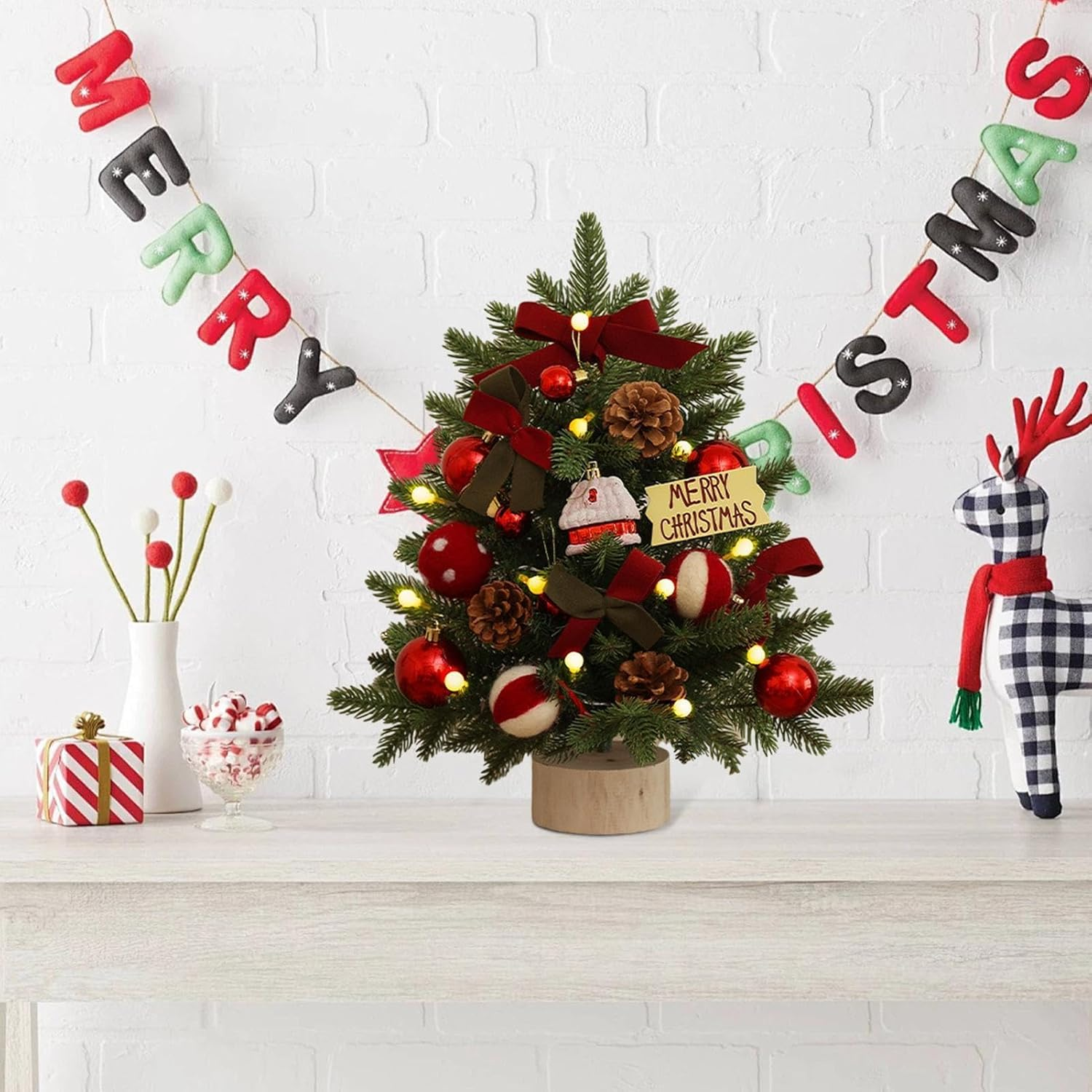 Generic Desk Christmas Tree | 18 Inch Artificial Pine Tabletop Tree with Lights, 17.72In (H) X 4.92In (W) X 12.5Cm (D), White Lights, Perfect for Home, Study, Bedroom & Living Room image number 5