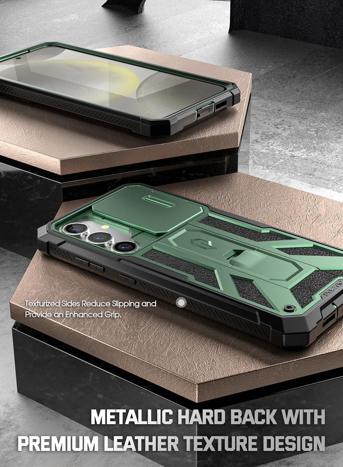 Poetic Spartan Case for Galaxy S24 6.2", [Slide Camera Cover] [Screen Protector Works with Fingerprint ID] Military Grade Rugged Shockproof S24 Phone Case with Kickstand, Metallic Green - Metallic Gun Metal image number 7