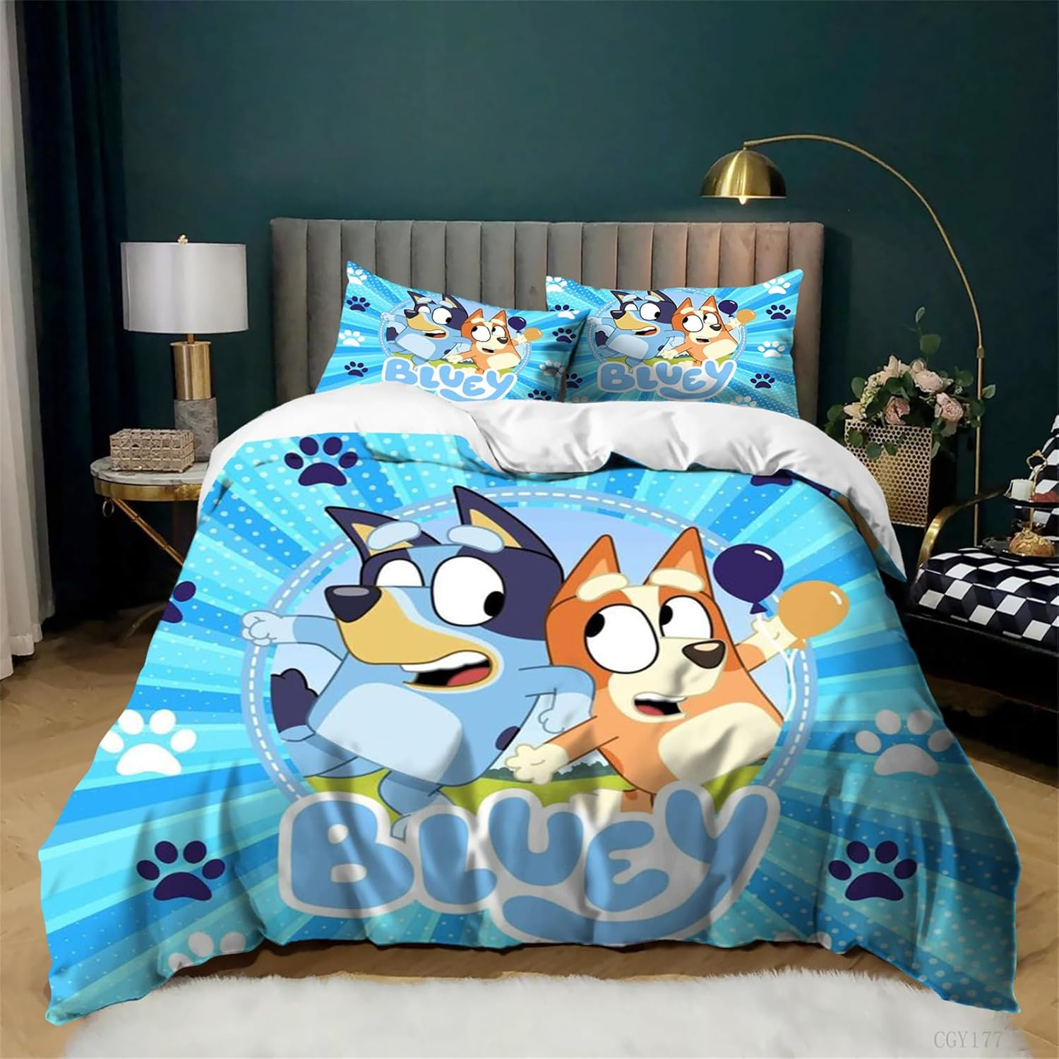 Kids Duvet Cover Set Cartoon Bedding Set for Boys Girls 3 Pieces Bluey Soft Breathable Comforter Set(1 Duvet Cover+2 Pillowcase)