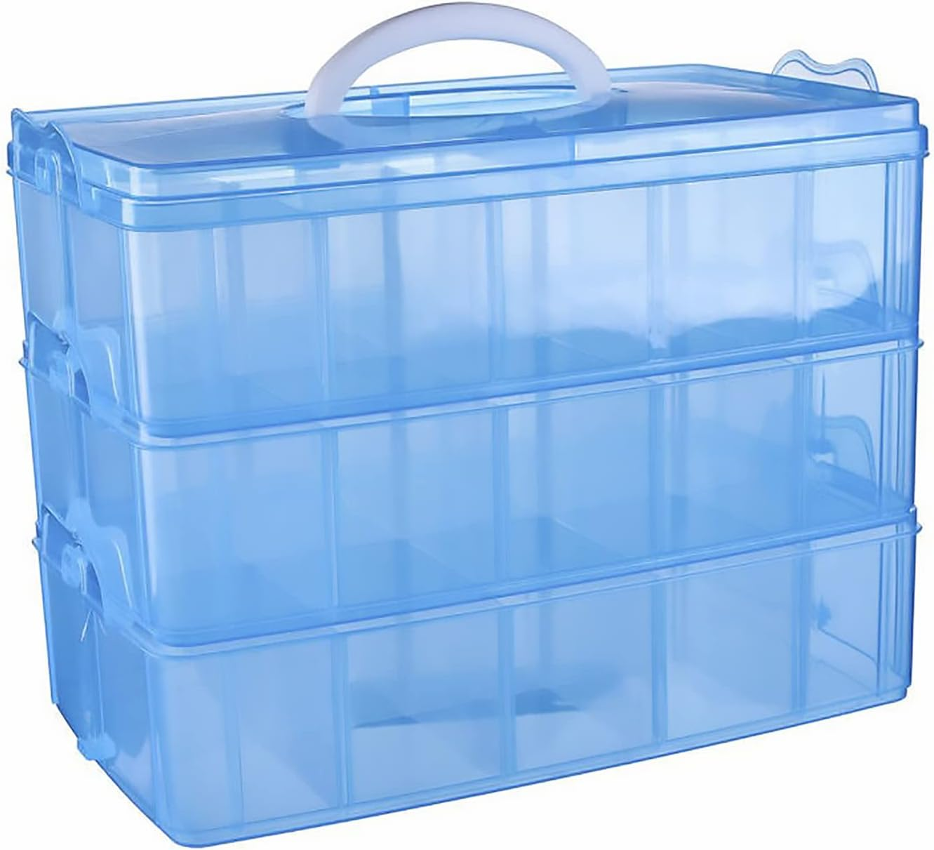 FOREVERIE Stackable Clear 3 Tier Arts & Crafts Plastic Storage Containers Large with a Six-Grid Tray, Portable Layered Embroidery & Sewing Box Organiser, Plastic Storage Box (Clear & Blue)