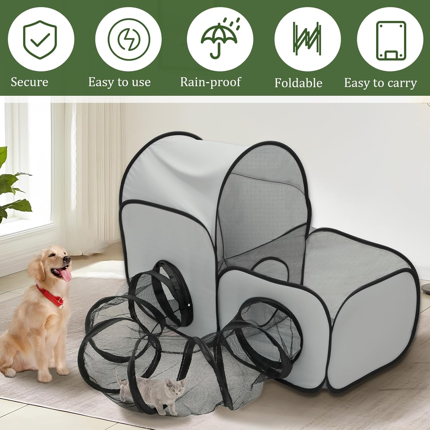 Cat Playpen with Surround Tunnel, Outdoor Cat Enclosure with Storage Bag, Foldable Pet Playpen for Small Animals, Breathable Pet Tent Outdoor for Backyard, Camping, Travel (Color B) - Color B image number 5
