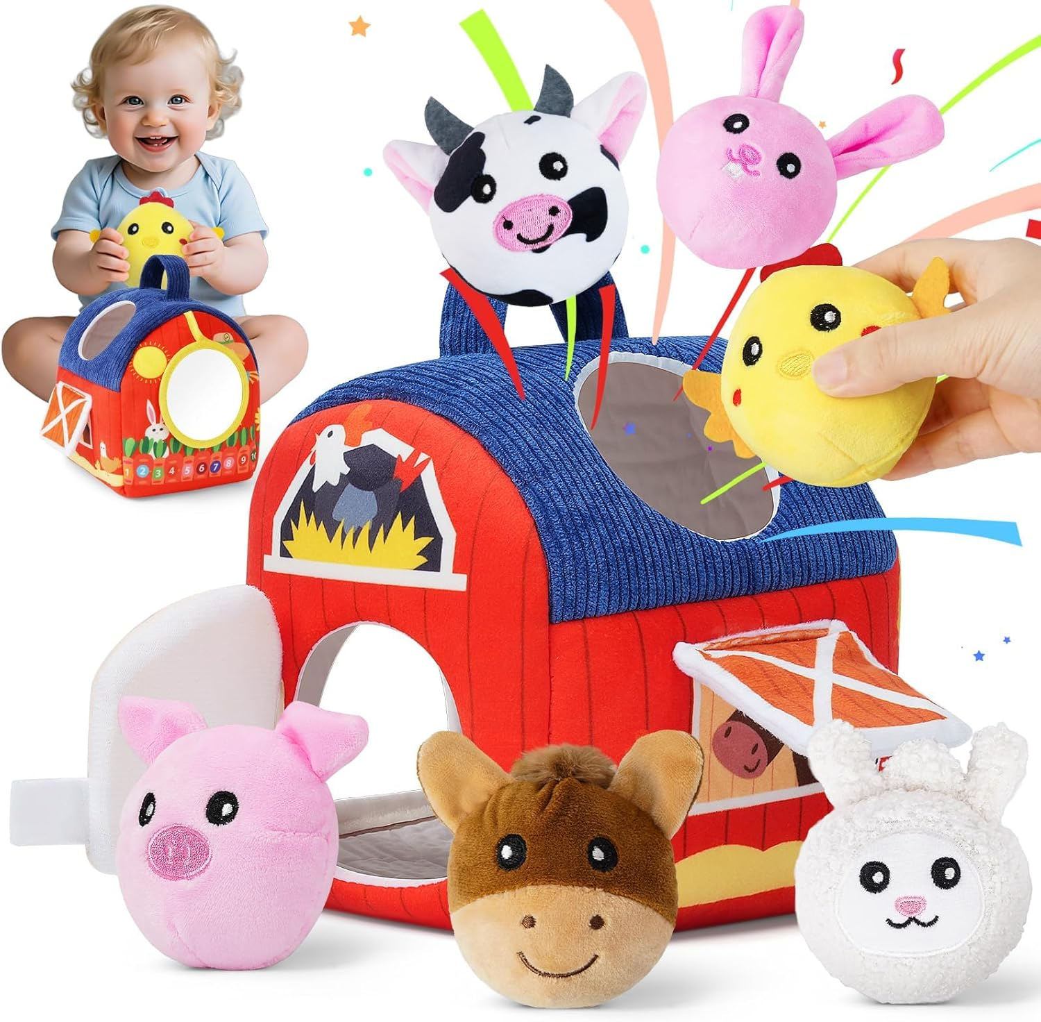 HAOON Baby Toys 6-12 Months, Surprise Barn with Stuffed Farm Animals, Rattle, Crinkle Paper, Mirror, Montessori Toys for 6 Month Old Babies, Sensory Infant Toddlers 1-3 Year, 1 Year Old Boy Girl Gifts image number 3