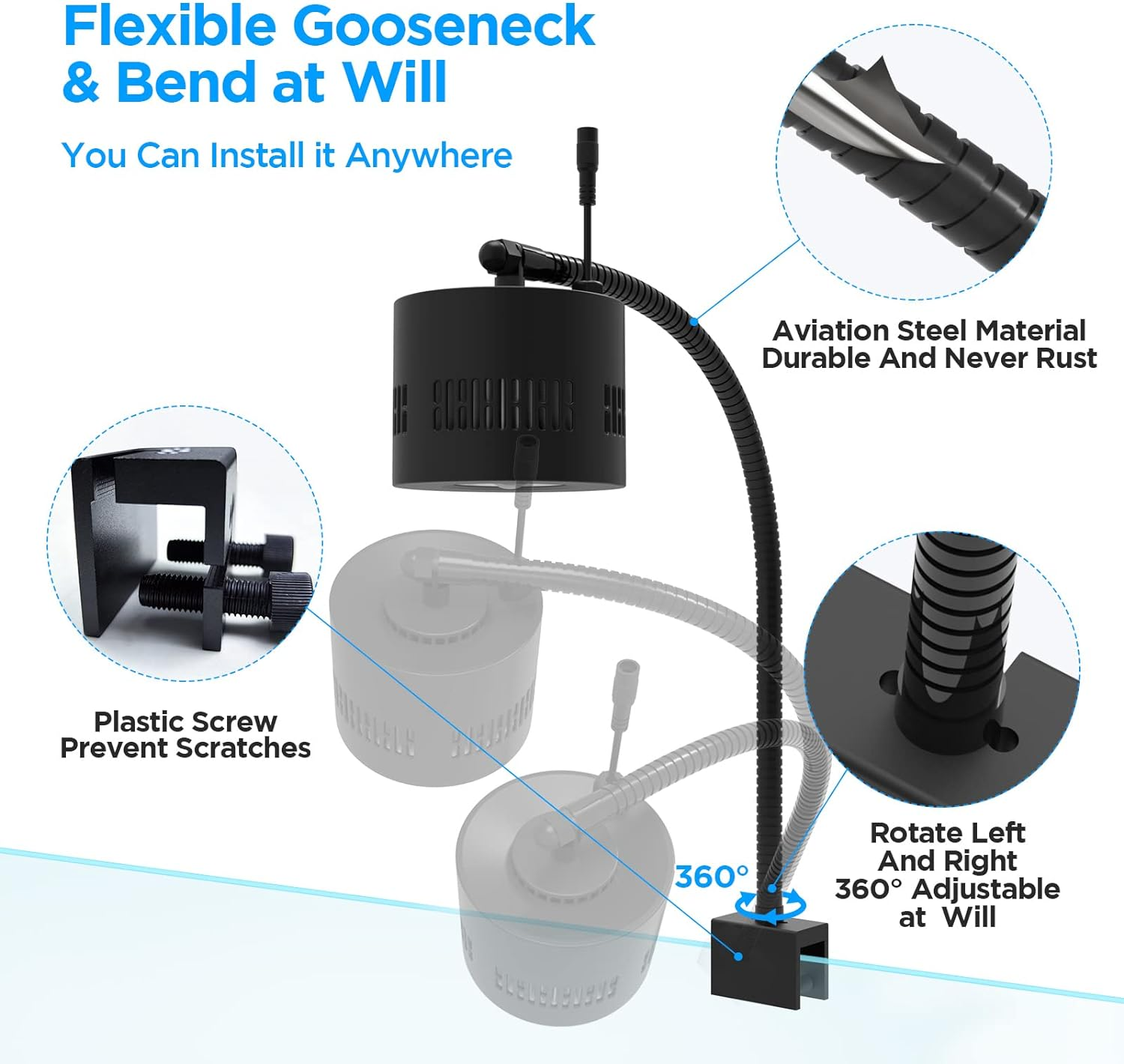 LED Aquarium Light, Dimmer Control 0-100% Brightness 70W Planted Fish Tank Light Asta120 Clamp Clip Lamp for Freshwater Refugium Algae Fish Tank with Gooseneck image number 3