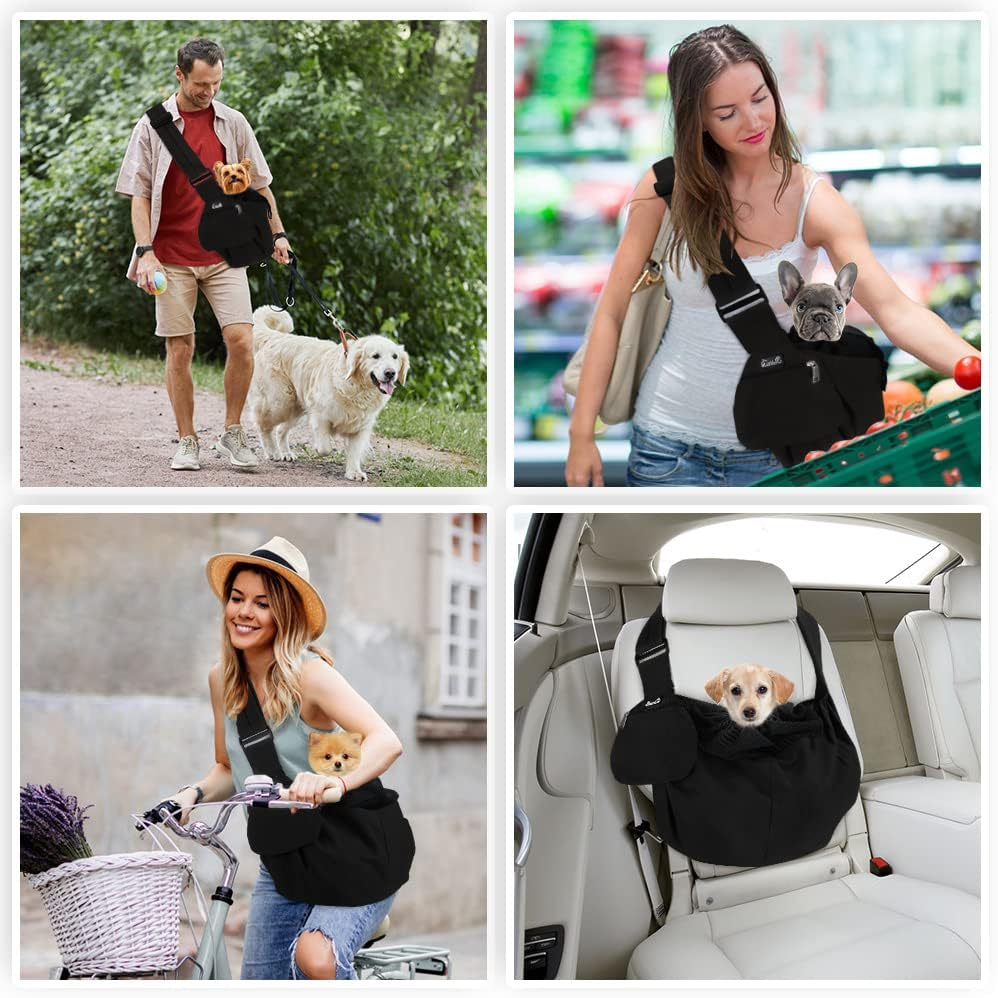 Slowton Pet Sling Carrier, Comfortable Hard Bottom Support Small Dog Papoose Sling Adjustable Padded Shoulder Strap Hand Free Puppy Cat Carry Bag with Drawstring Opening Zipper Pocket Safety Belt - Black Waterproof image number 5