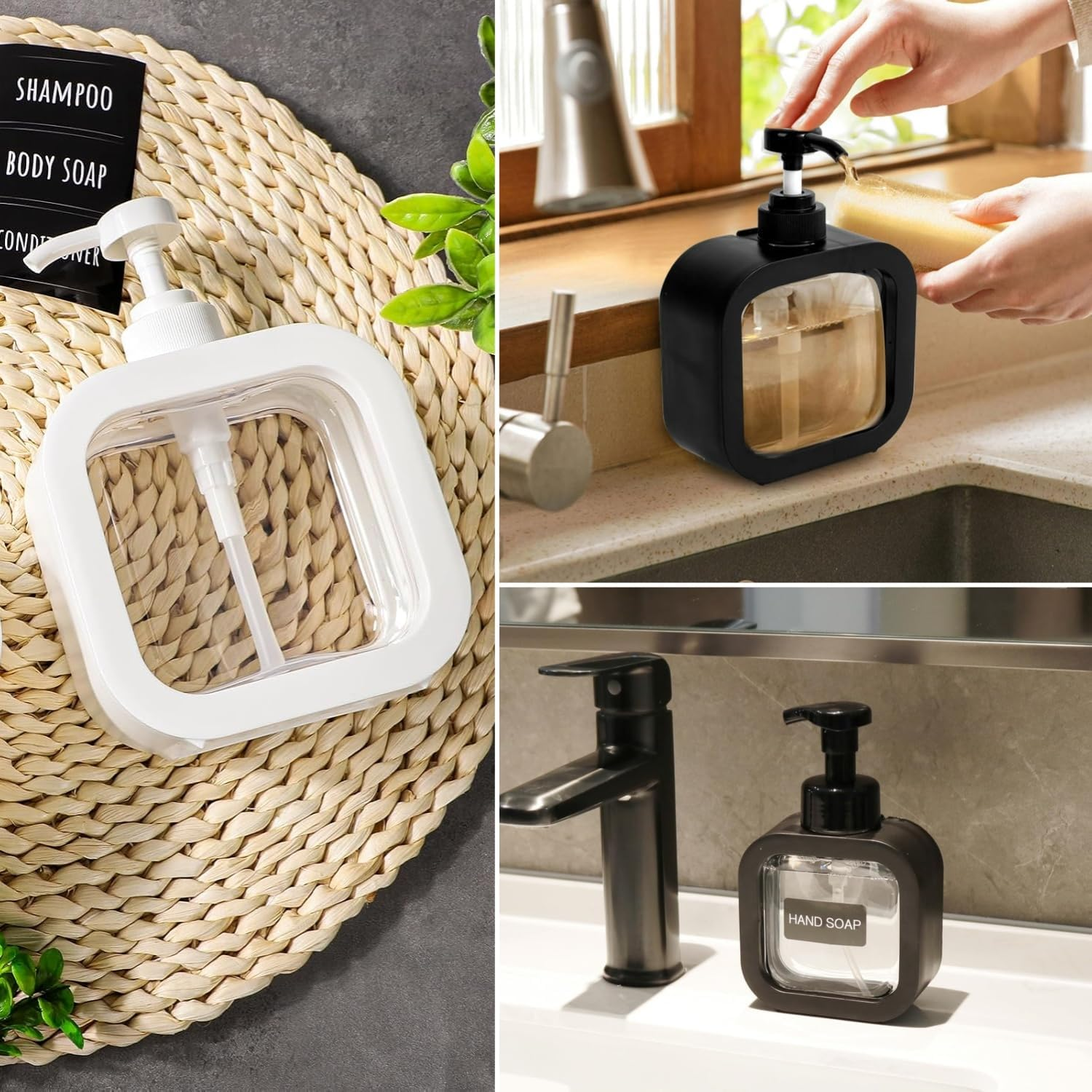 Taicols Shampoo and Conditioner Dispenser, 2Pcs 500Ml Black Soap Dispenser, Pump Bottle in Plastic, Refillable Shower Bottles with Labels,Bathroom Soap Dispenser Set,Modern Dish Soap Dispenser (White) image number 5